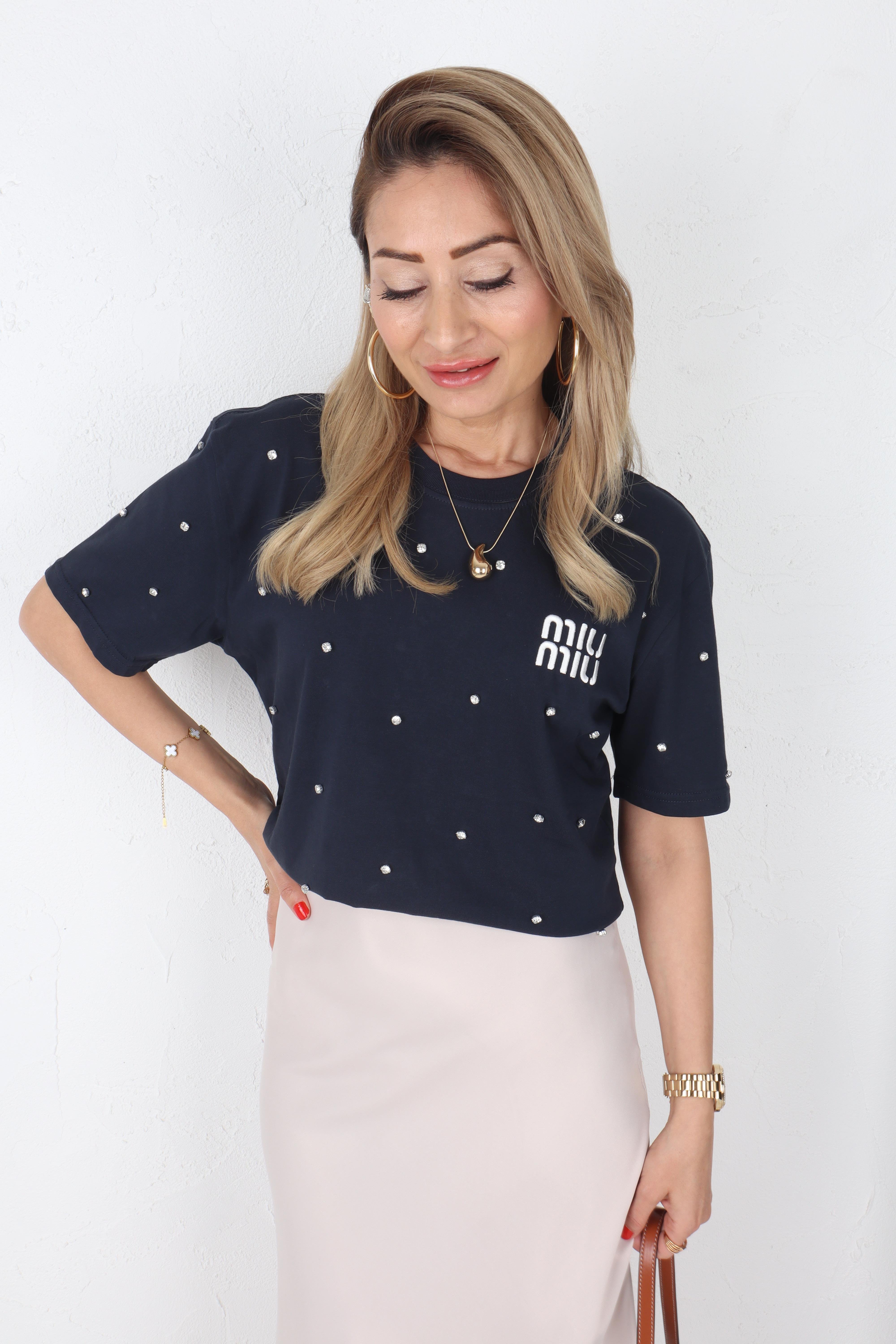 Dağınık Taşlı Nakışlı Lacivert Tshirt T-SHİRT