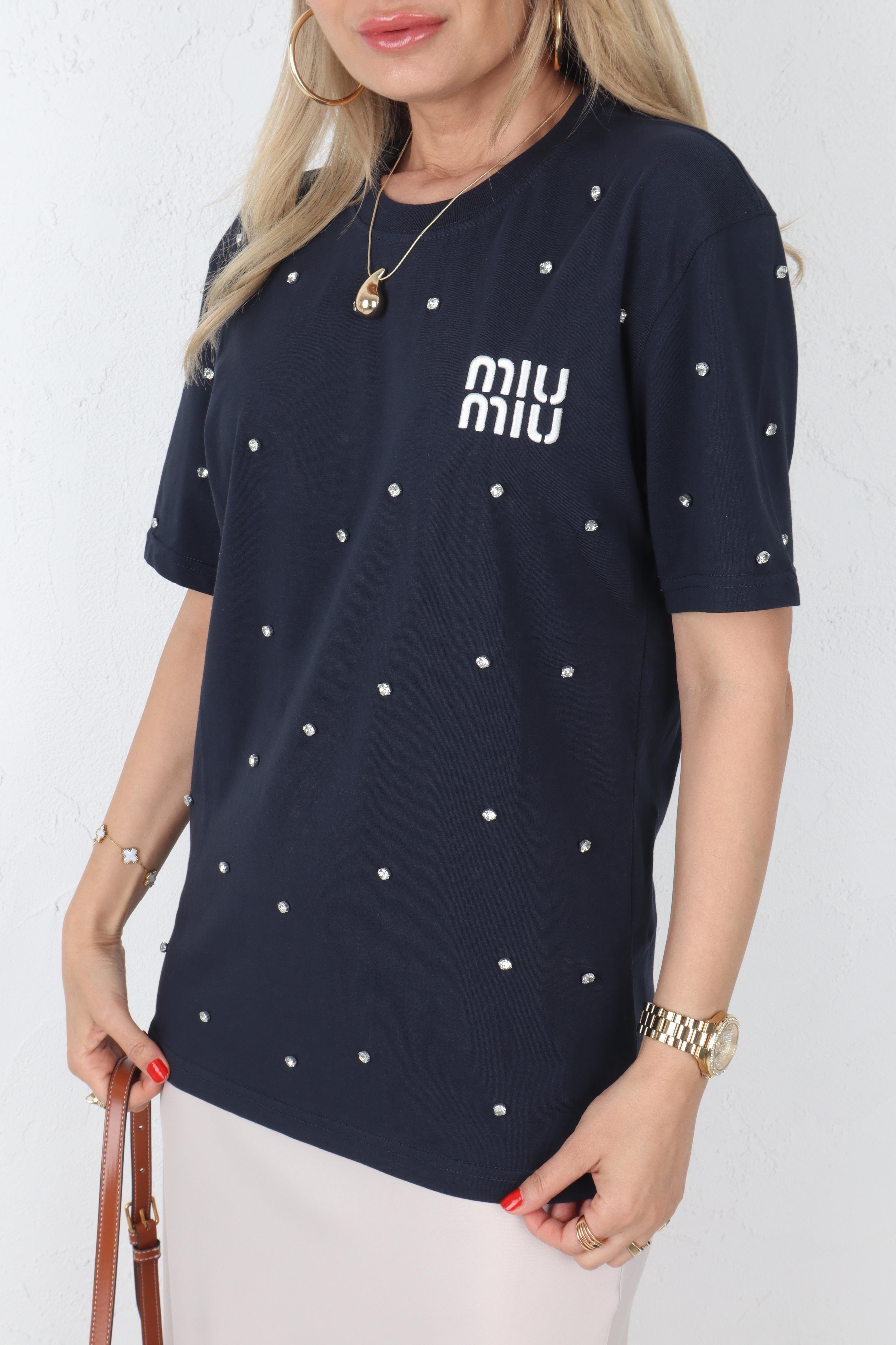Dağınık Taşlı Nakışlı Lacivert Tshirt T-SHİRT