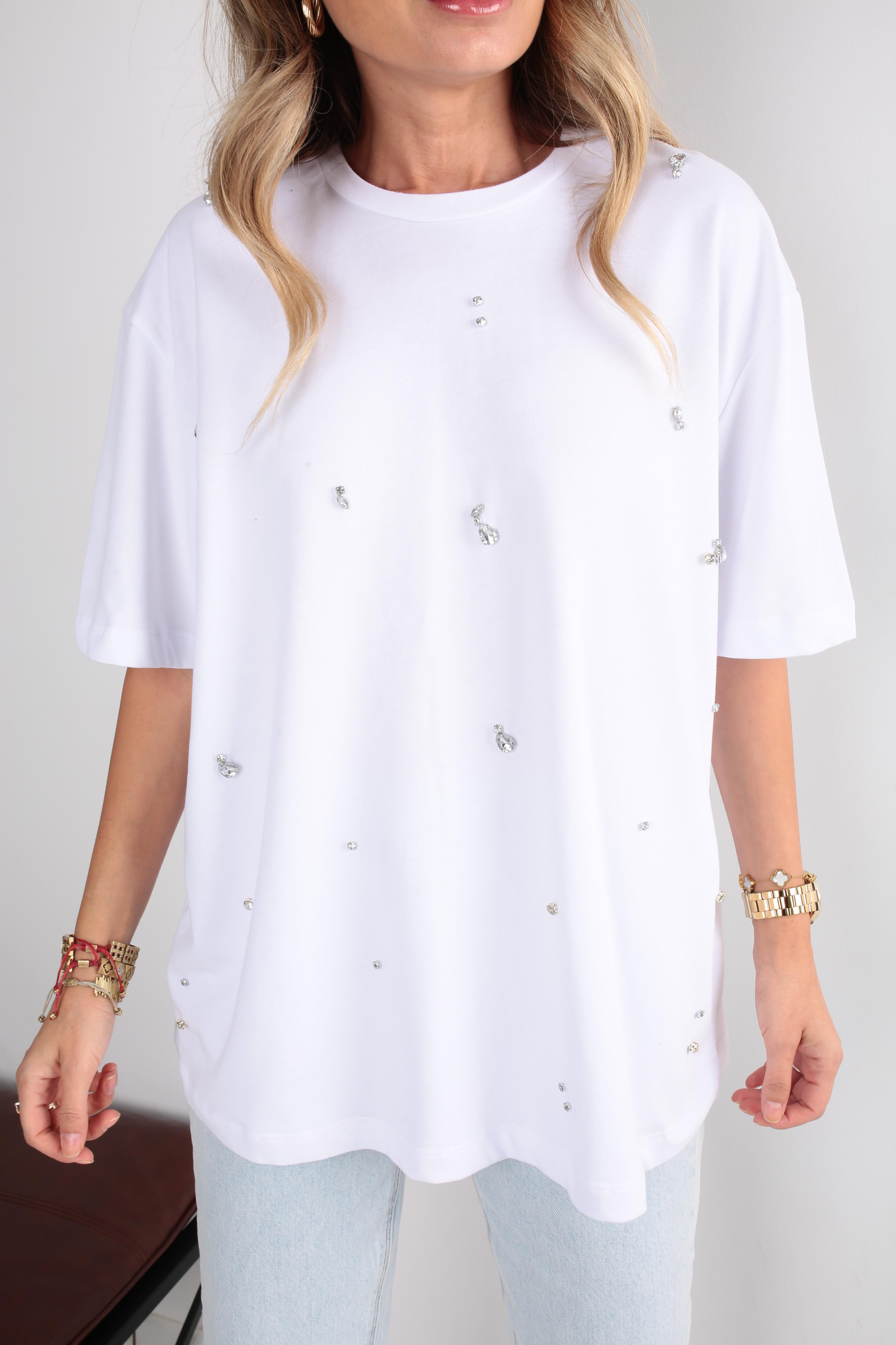 Damla Taş İşli Beyaz Basic Tshirt T-SHİRT