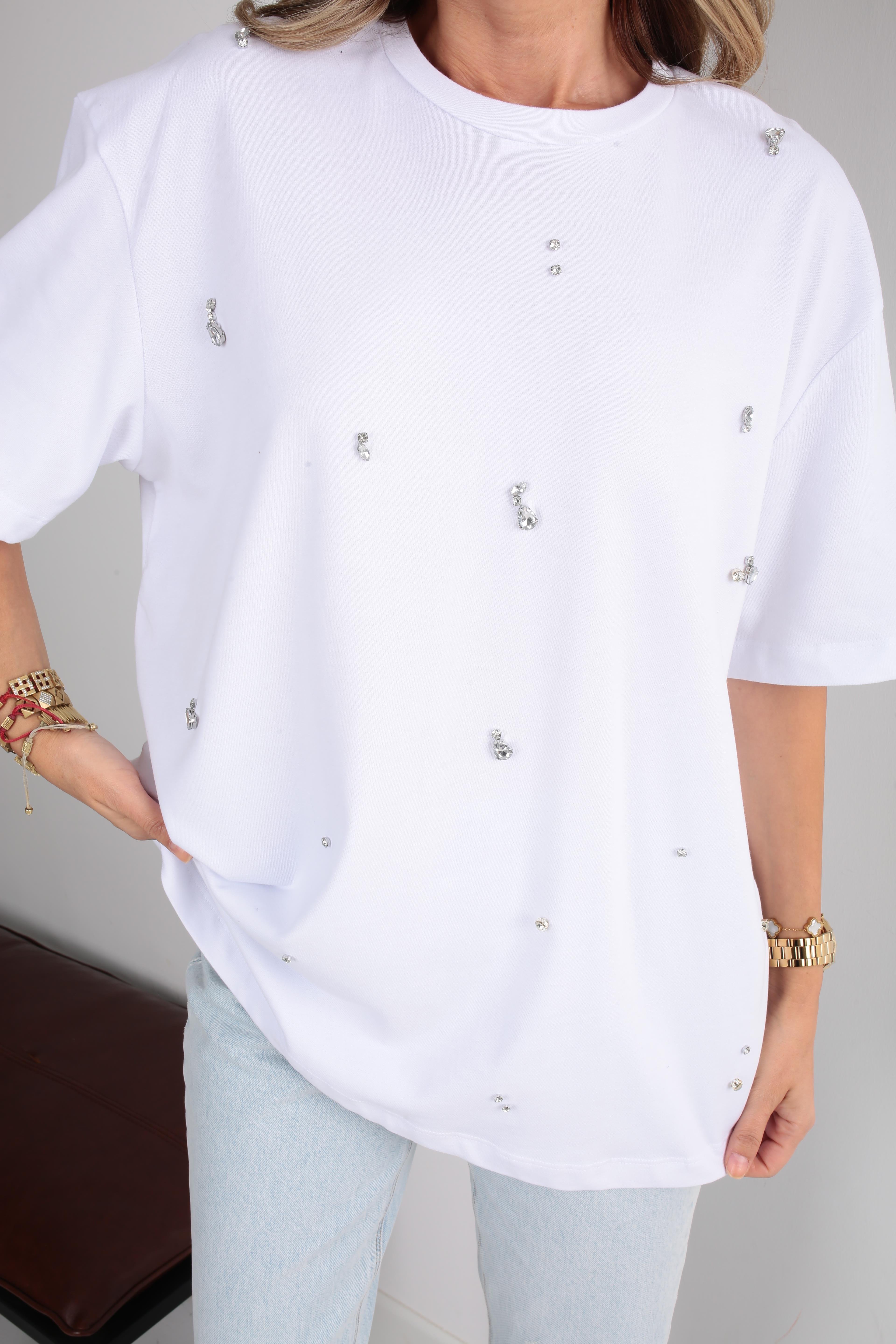 Damla Taş İşli Beyaz Basic Tshirt T-SHİRT