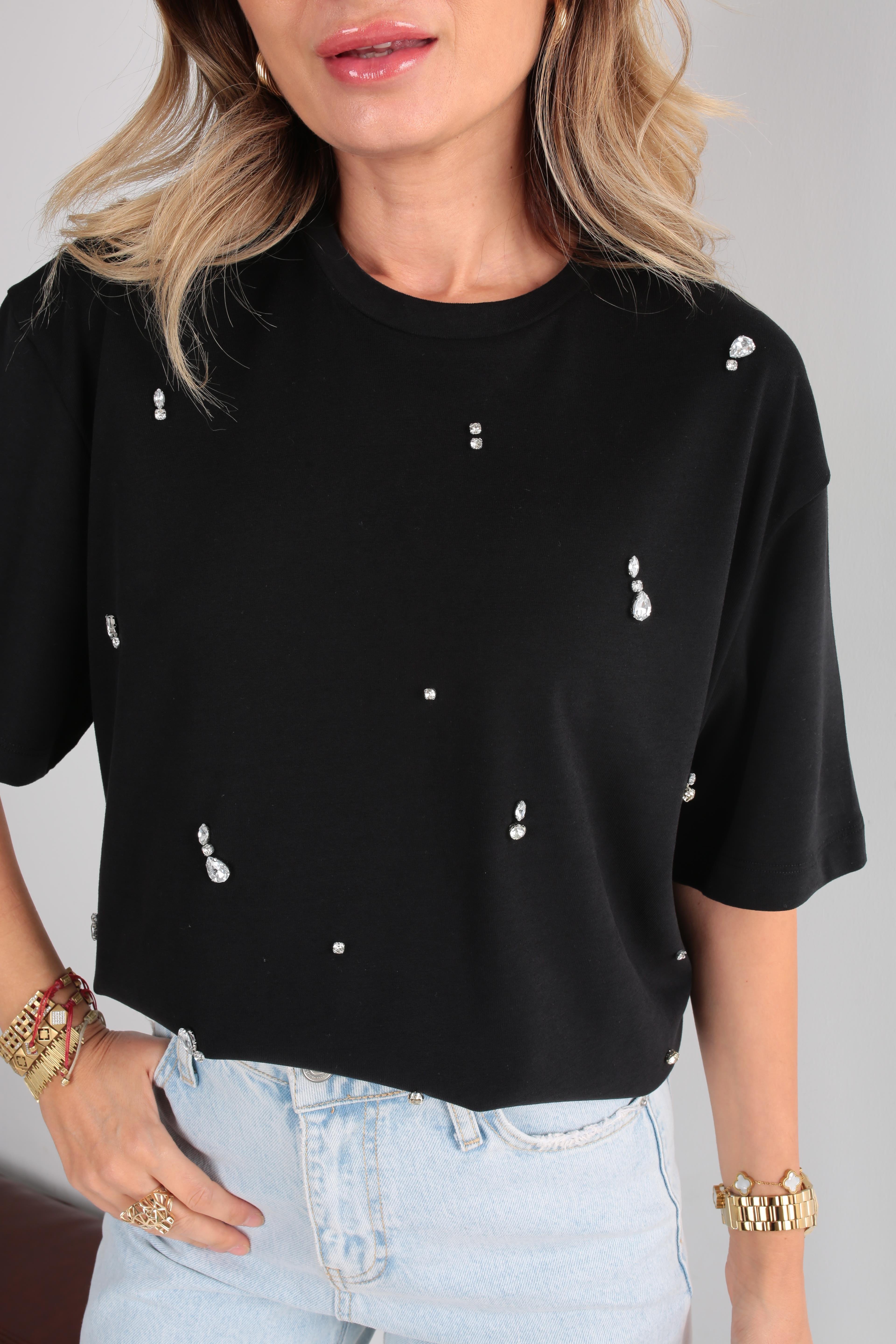 Damla Taş İşli Siyah Basic Tshirt T-SHİRT
