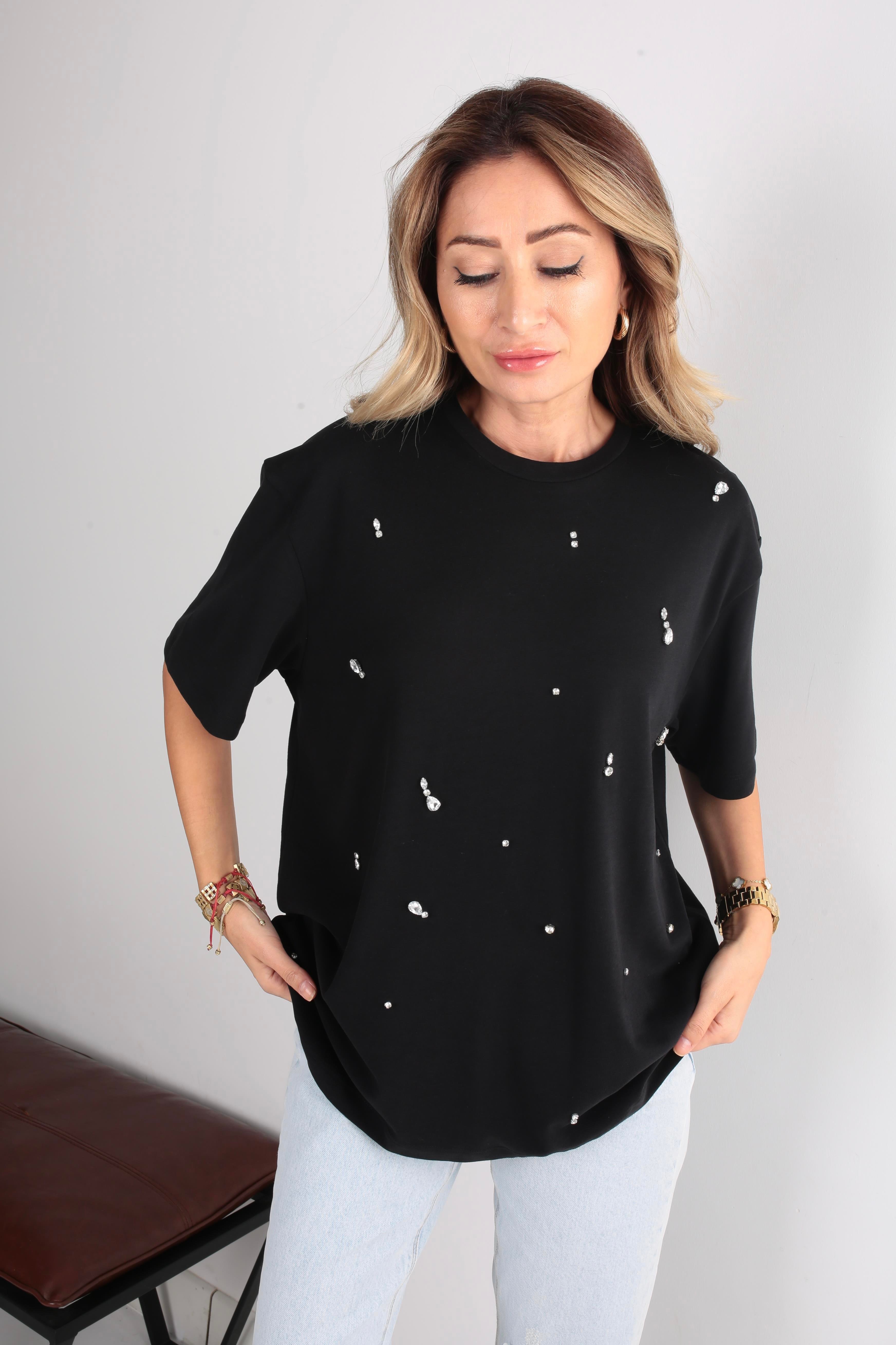 Damla Taş İşli Siyah Basic Tshirt T-SHİRT