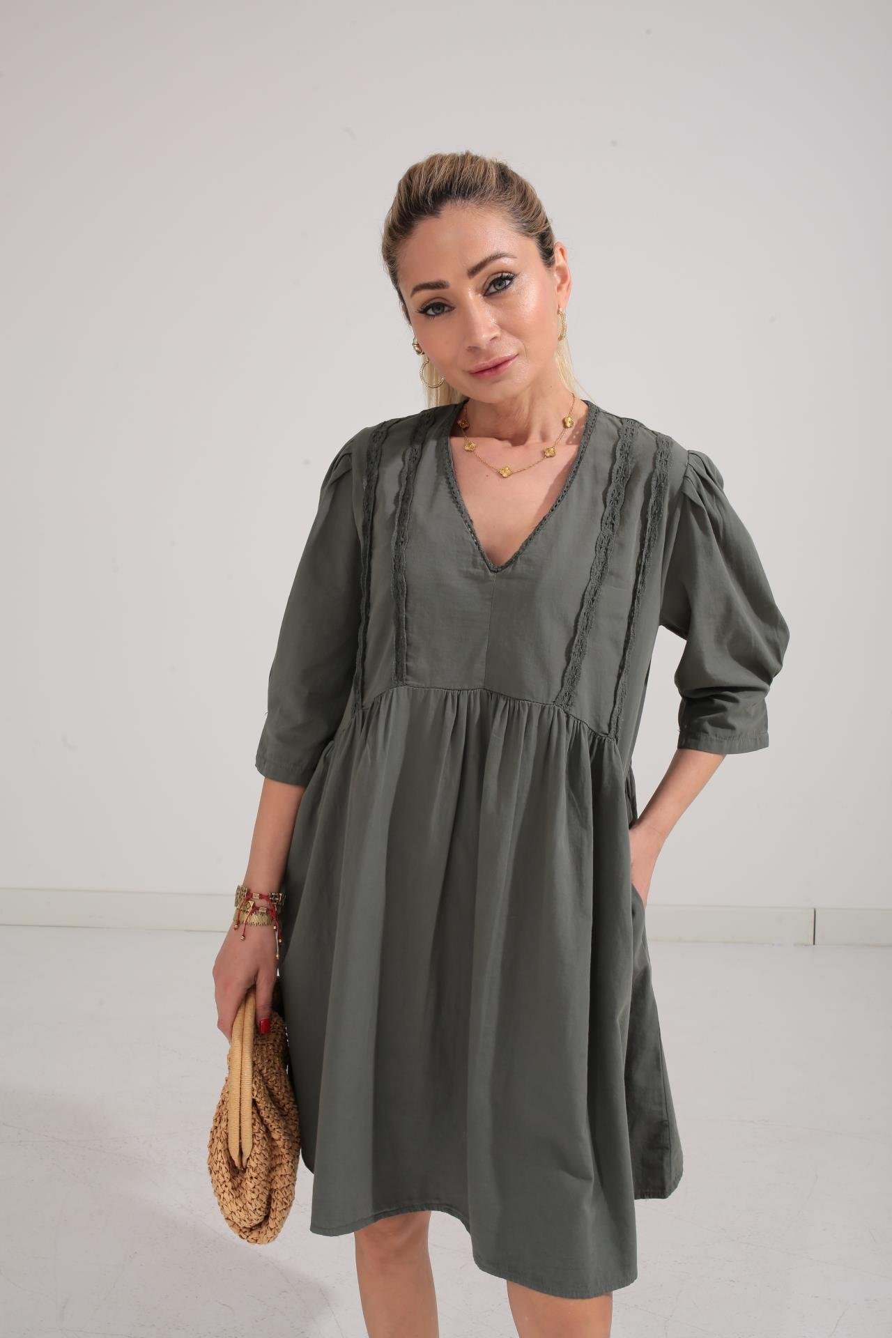 Dantel Detay V Yaka Haki Katlı Elbise ELBİSE | NO33