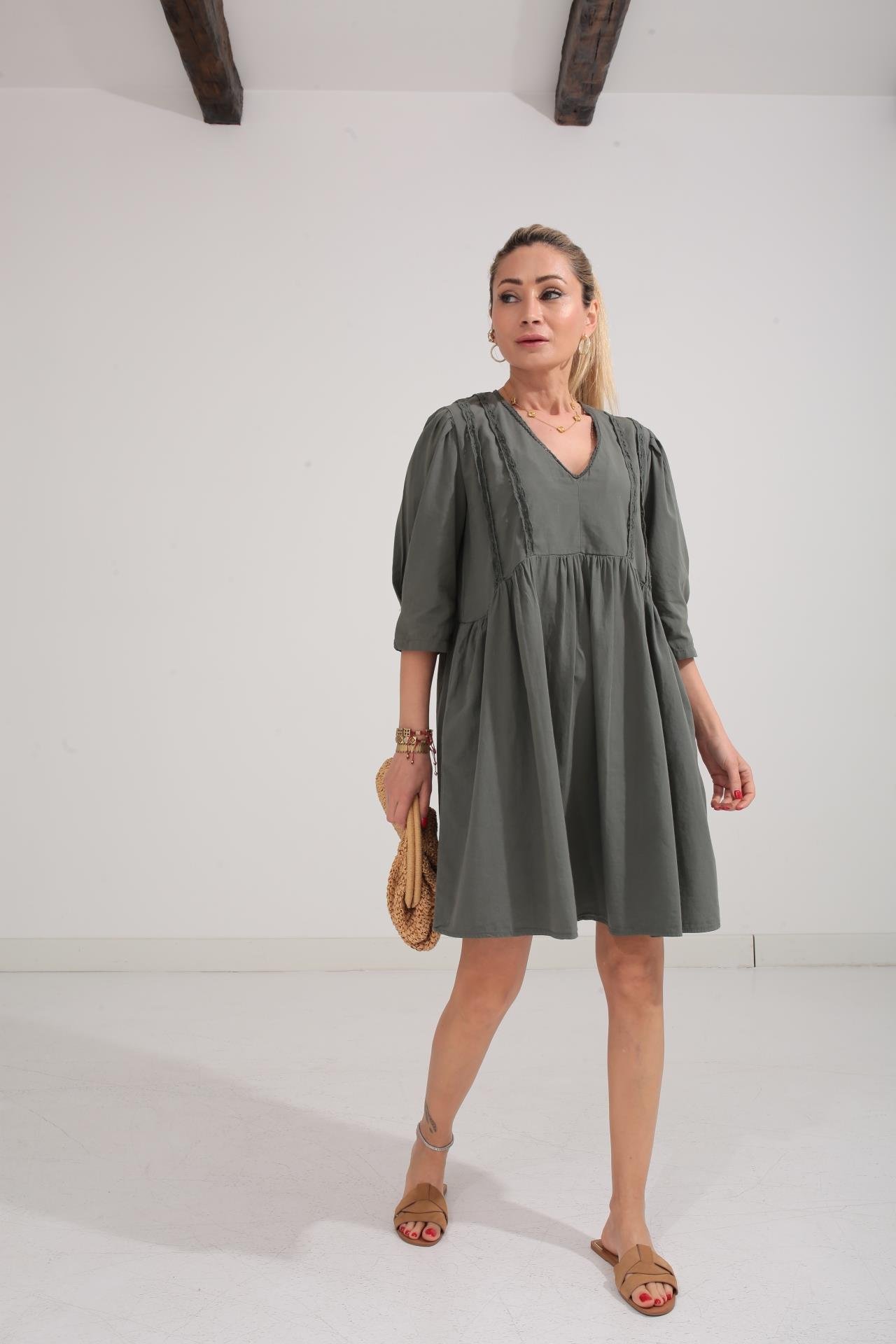 Dantel Detay V Yaka Haki Katlı Elbise ELBİSE | NO33