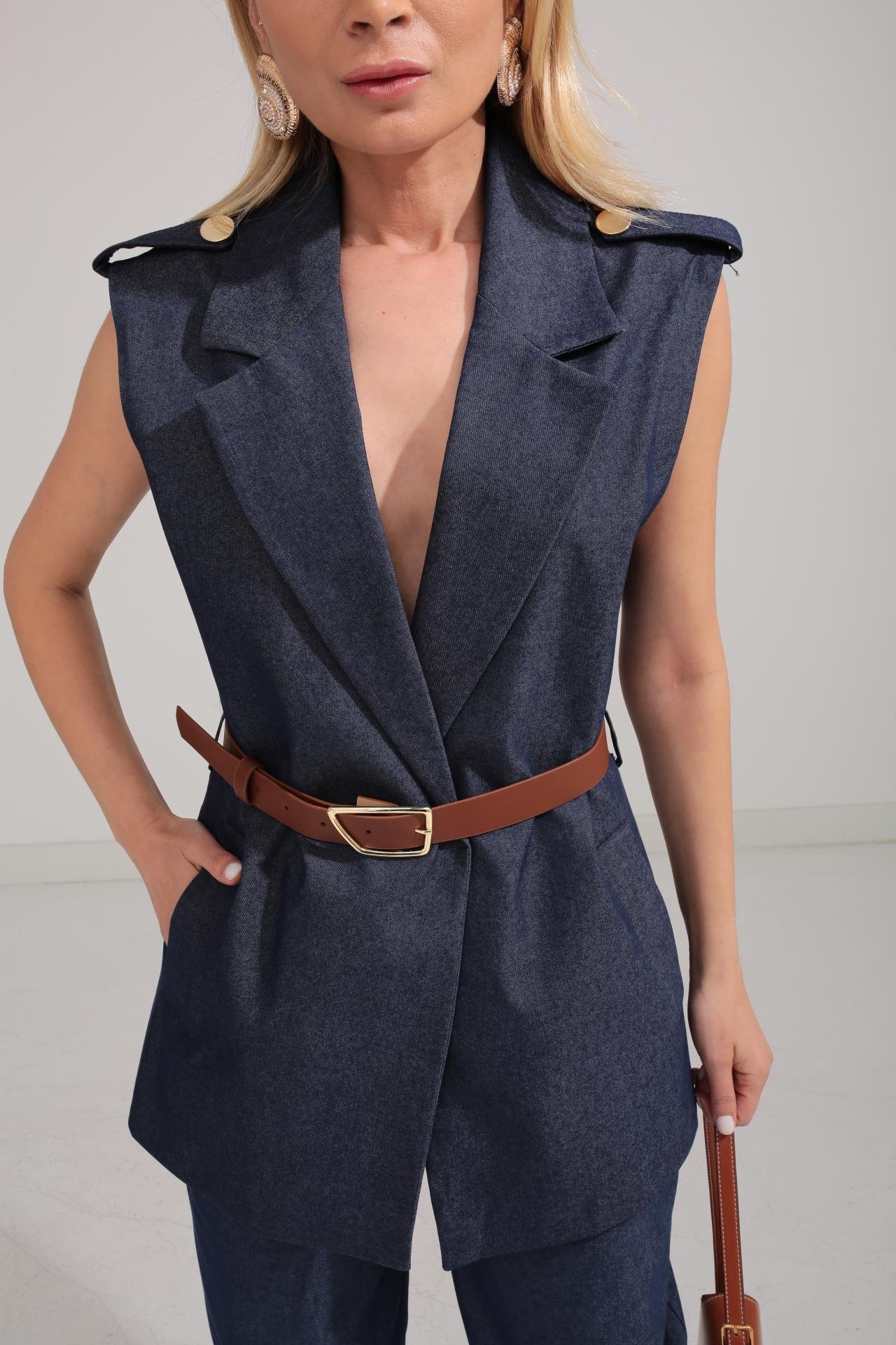 Deri Kemerli Gold Detay Gabardin Yelekli Takım TAKIM | NO33