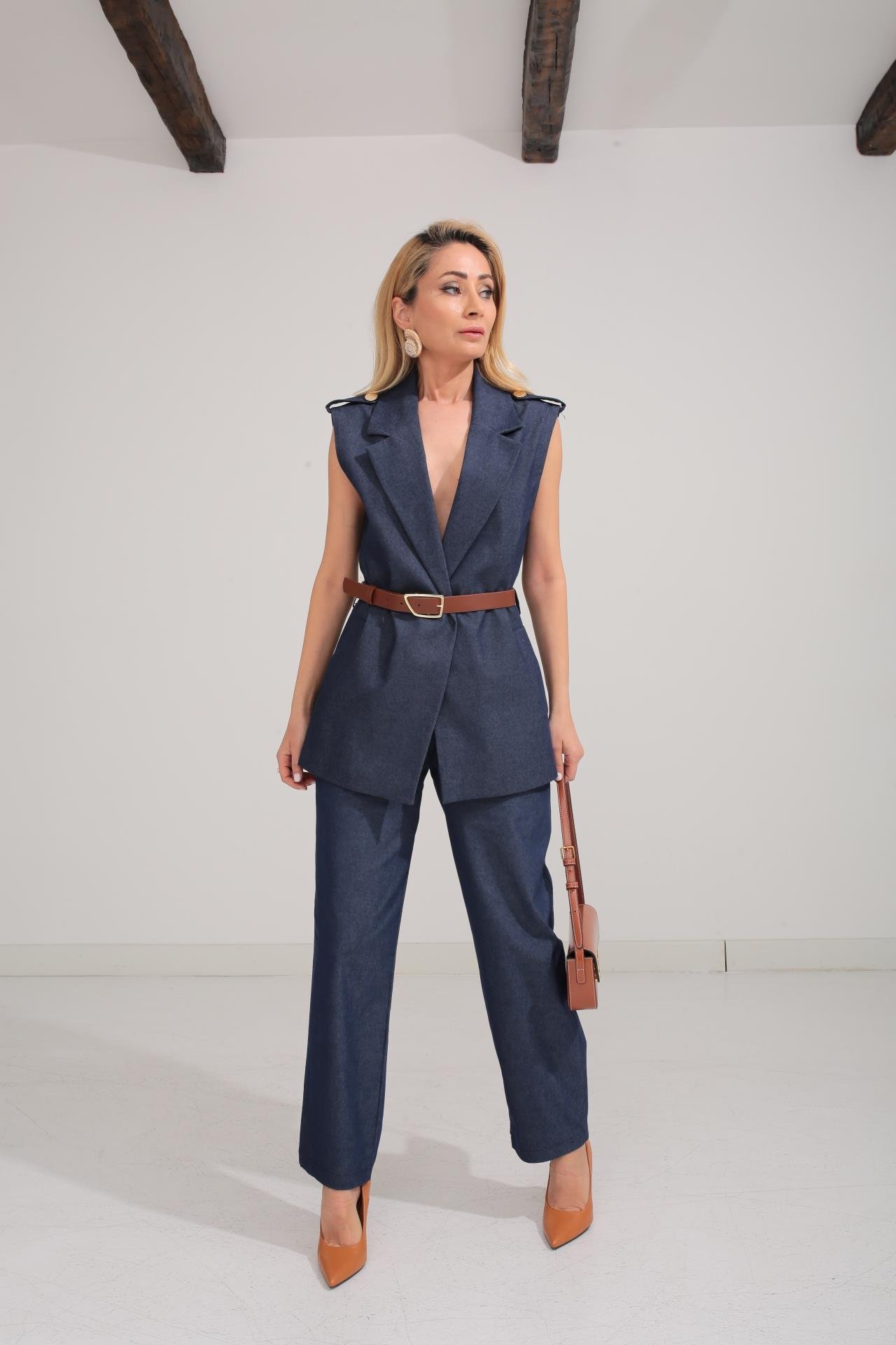 Deri Kemerli Gold Detay Gabardin Yelekli Takım TAKIM | NO33