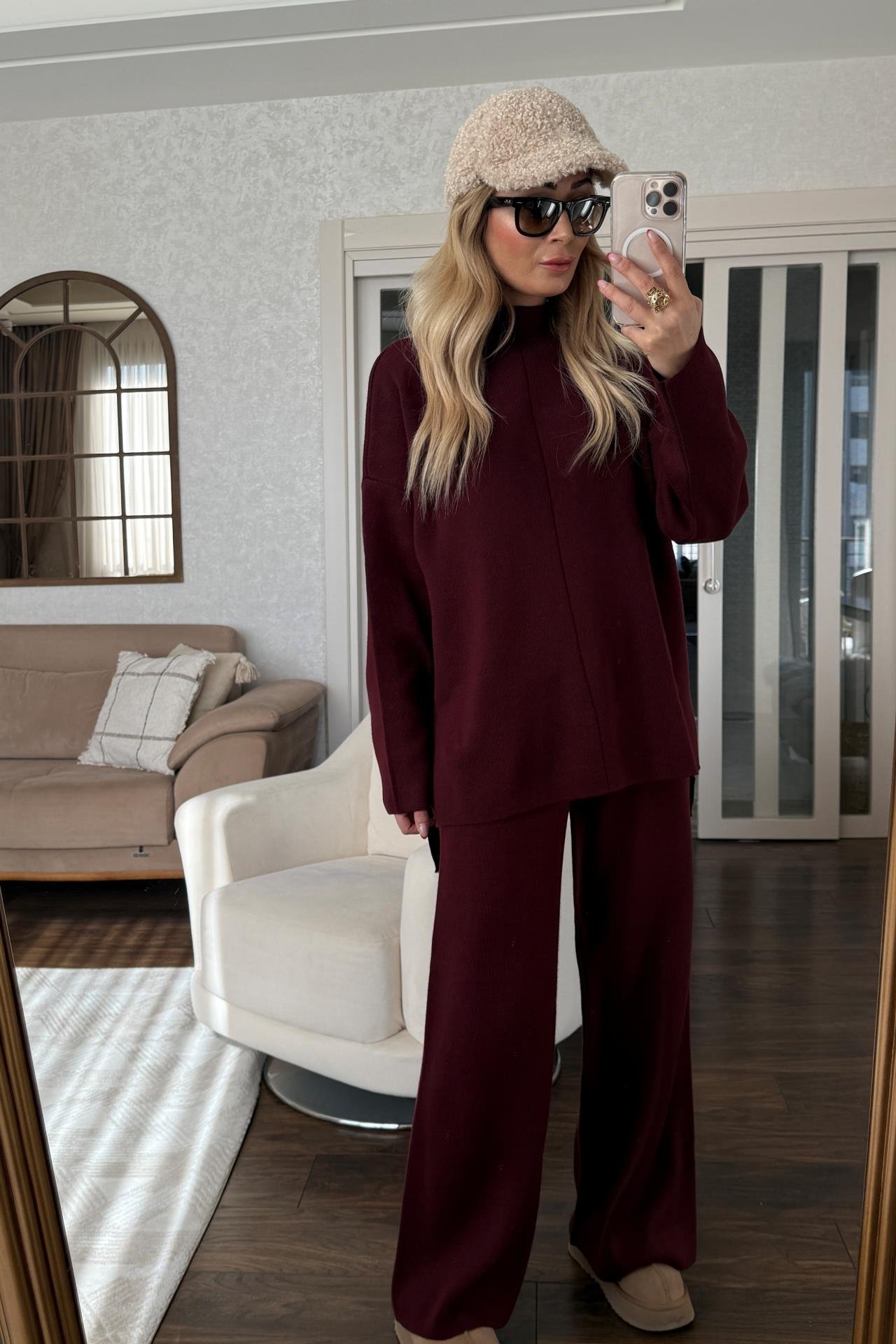 Dik Yaka Bordo Pantolonlu Triko Takım TAKIM