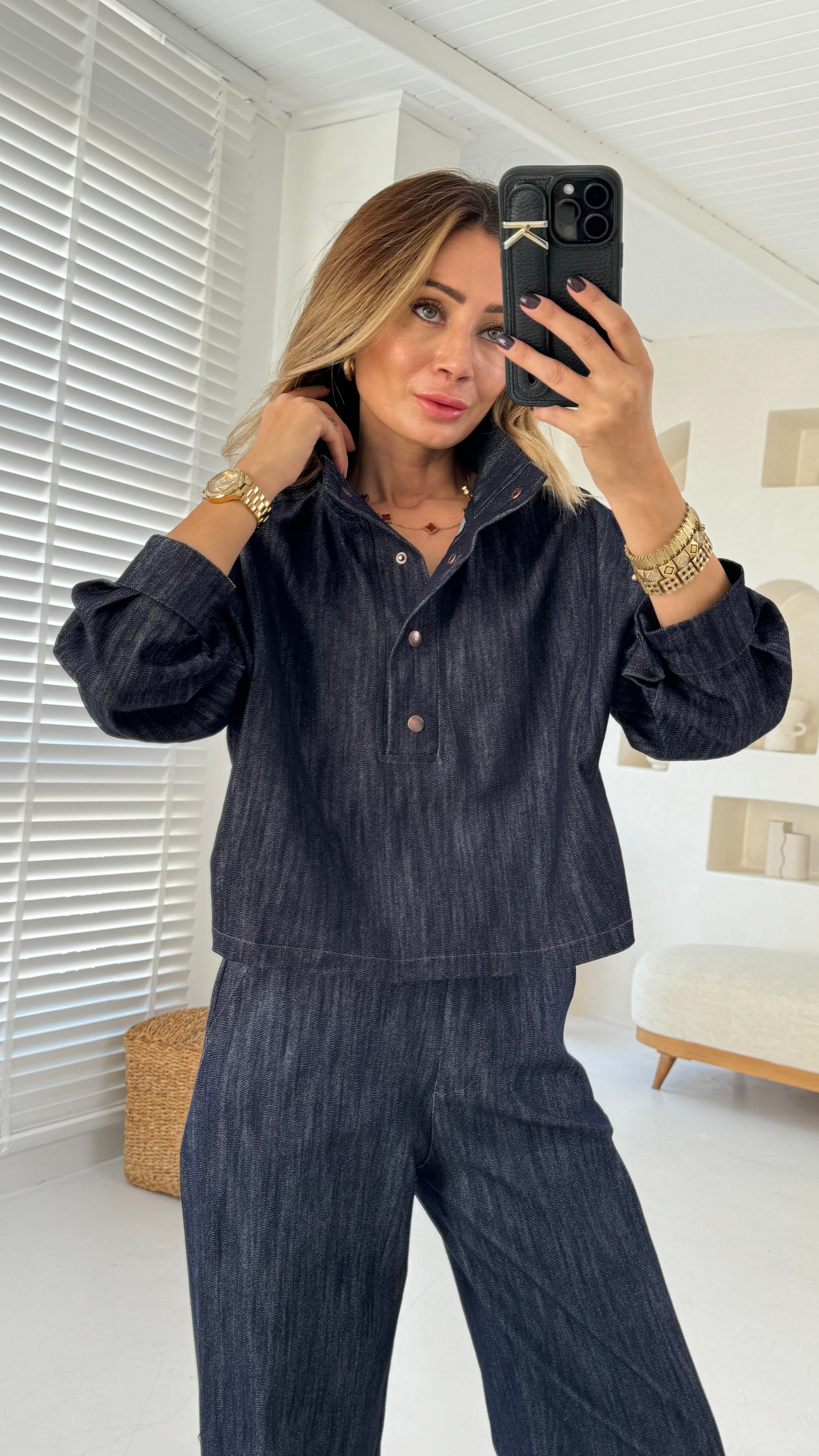 Dik Yaka Çıtçıtlı Oversize Denim Sweatshirt SWEATSHİRT