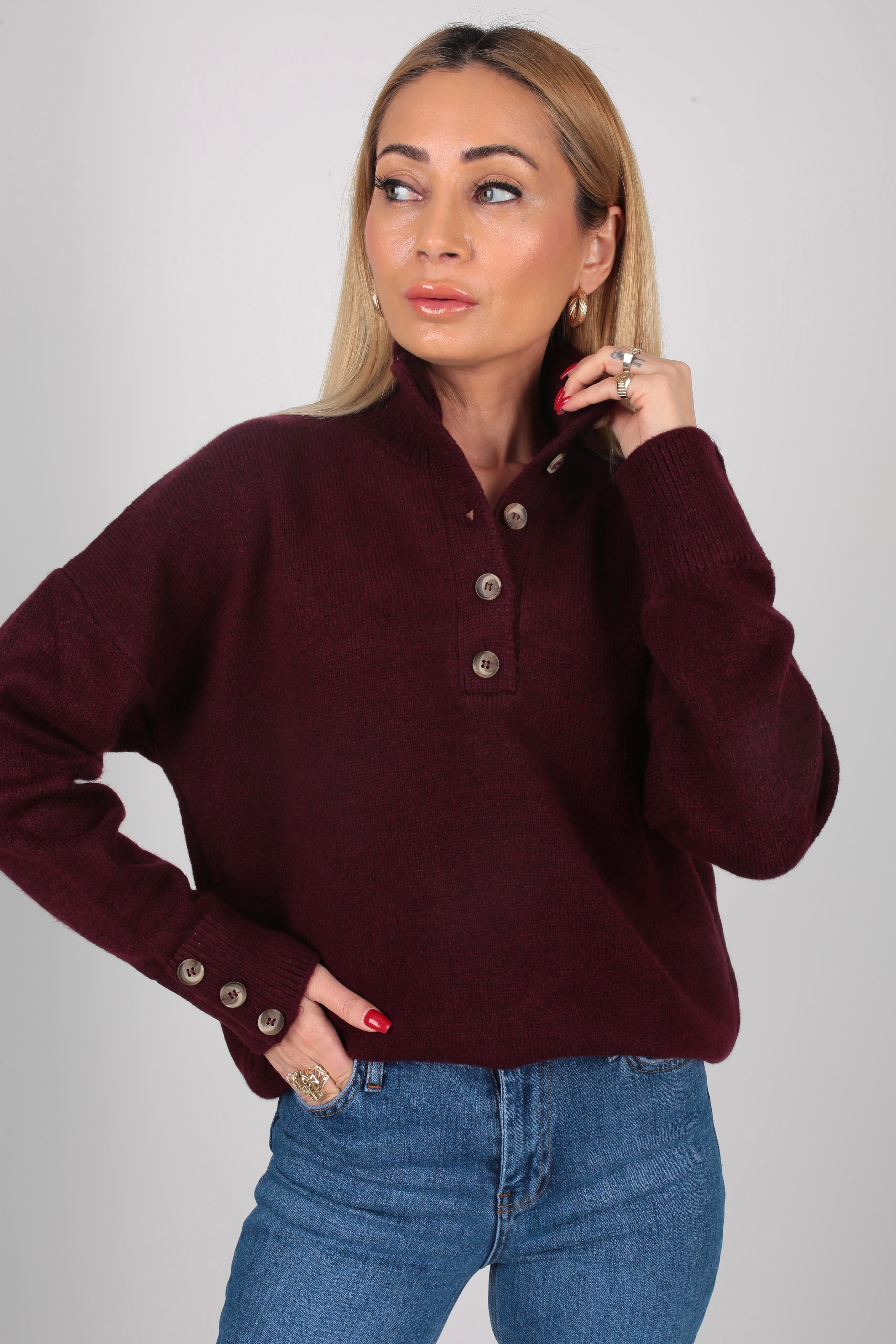 Dik Yaka Düğme Detay Bordo Kazak TRİKO VE KAZAK