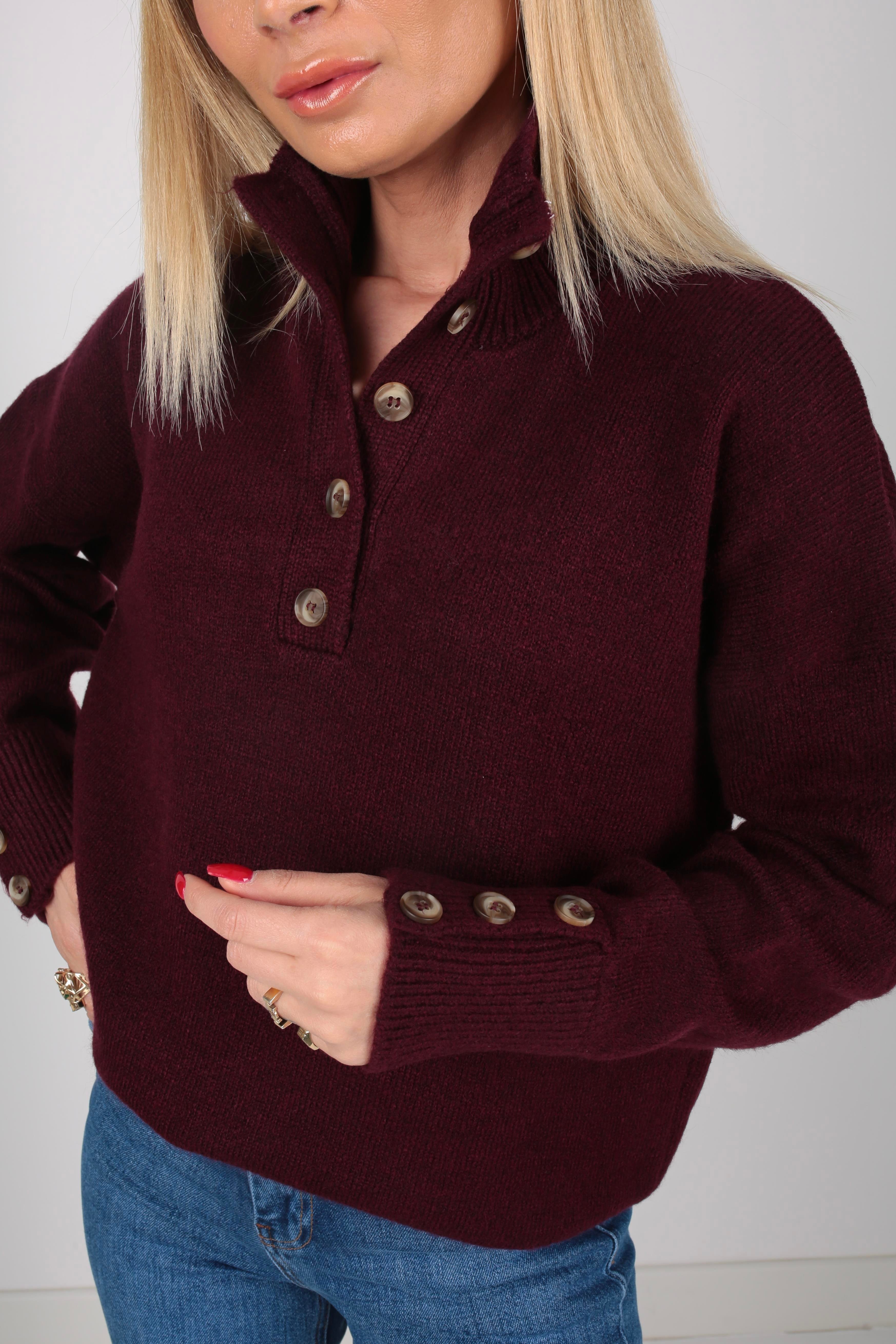 Dik Yaka Düğme Detay Bordo Kazak TRİKO VE KAZAK