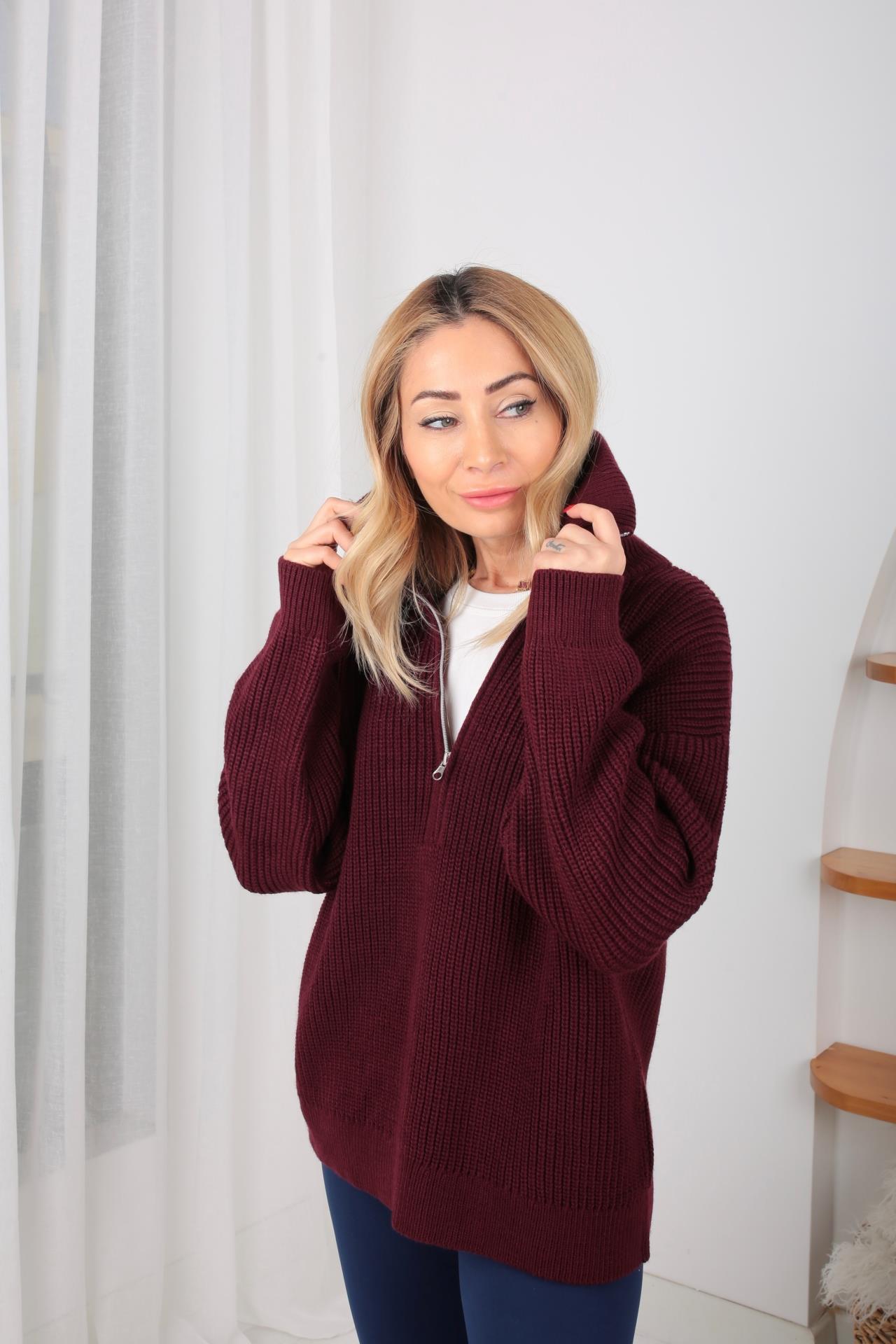 Dik Yaka Fermuarlı Bordo Basic Kazak TRİKO VE KAZAK