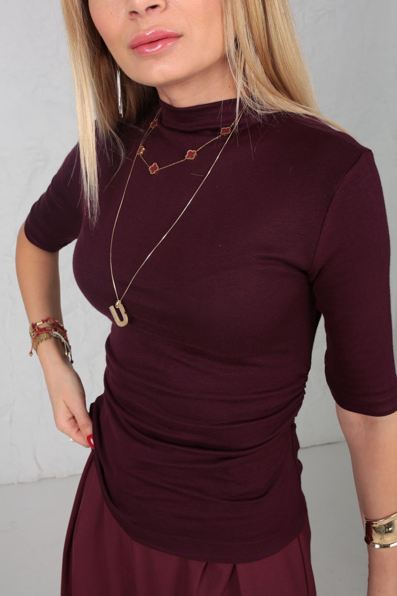 Dik Yaka Yanı Büzgülü Mürdüm Bluz BLUZ