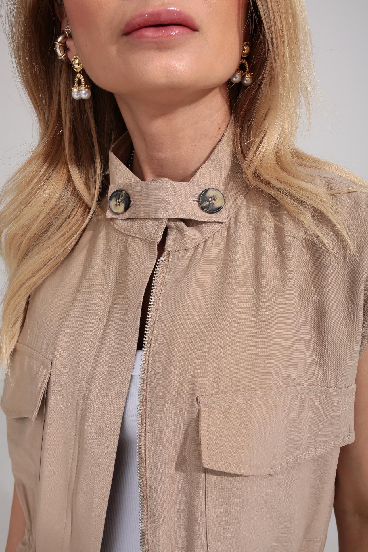 Dik Yaka Yelekli Tensel Kumaş Camel Takım TAKIM