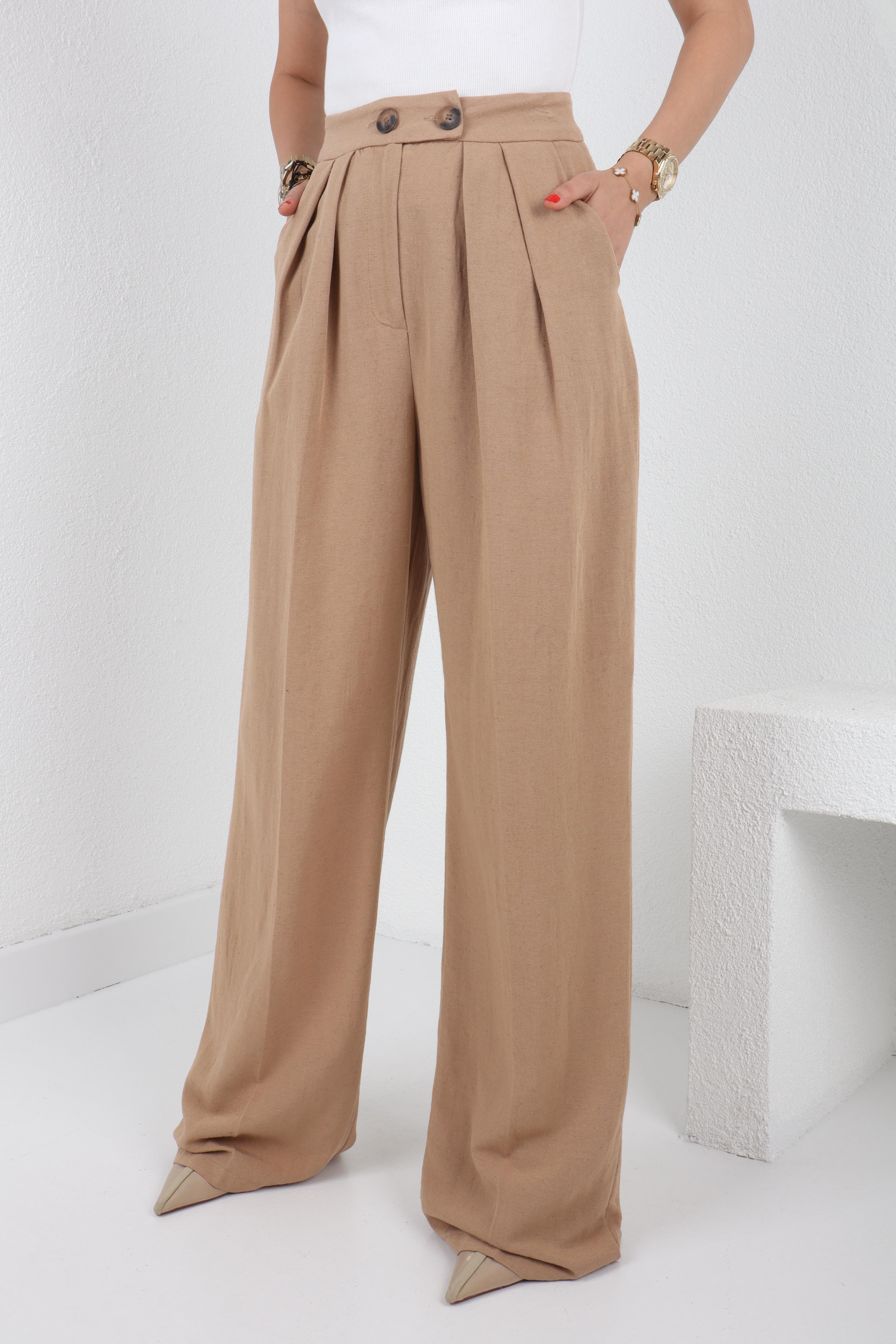 Düğme Detay Camel Keten Palazzo Pantolon PANTOLON