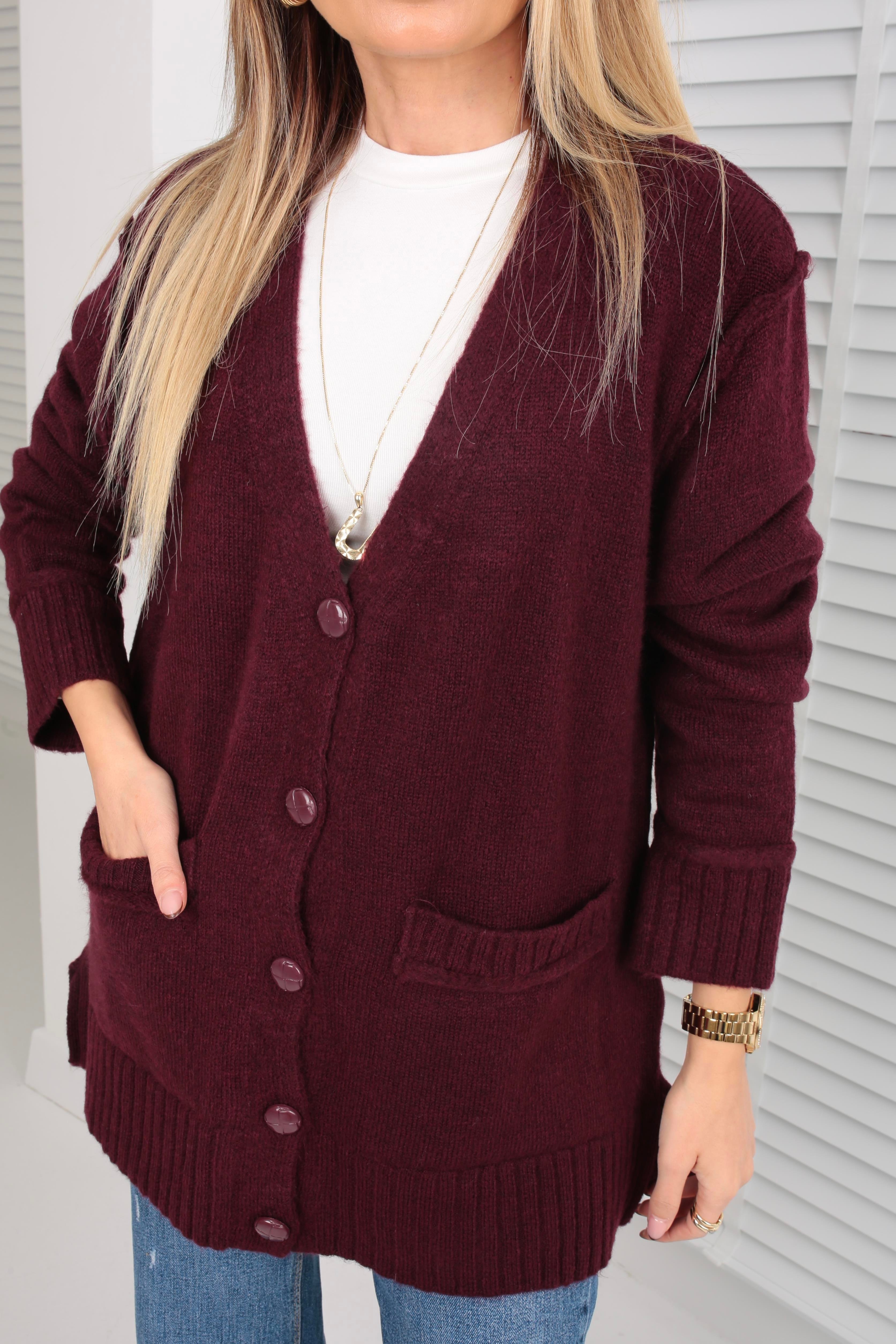 Düğme Detay Cepli Bordo Hırka HIRKA