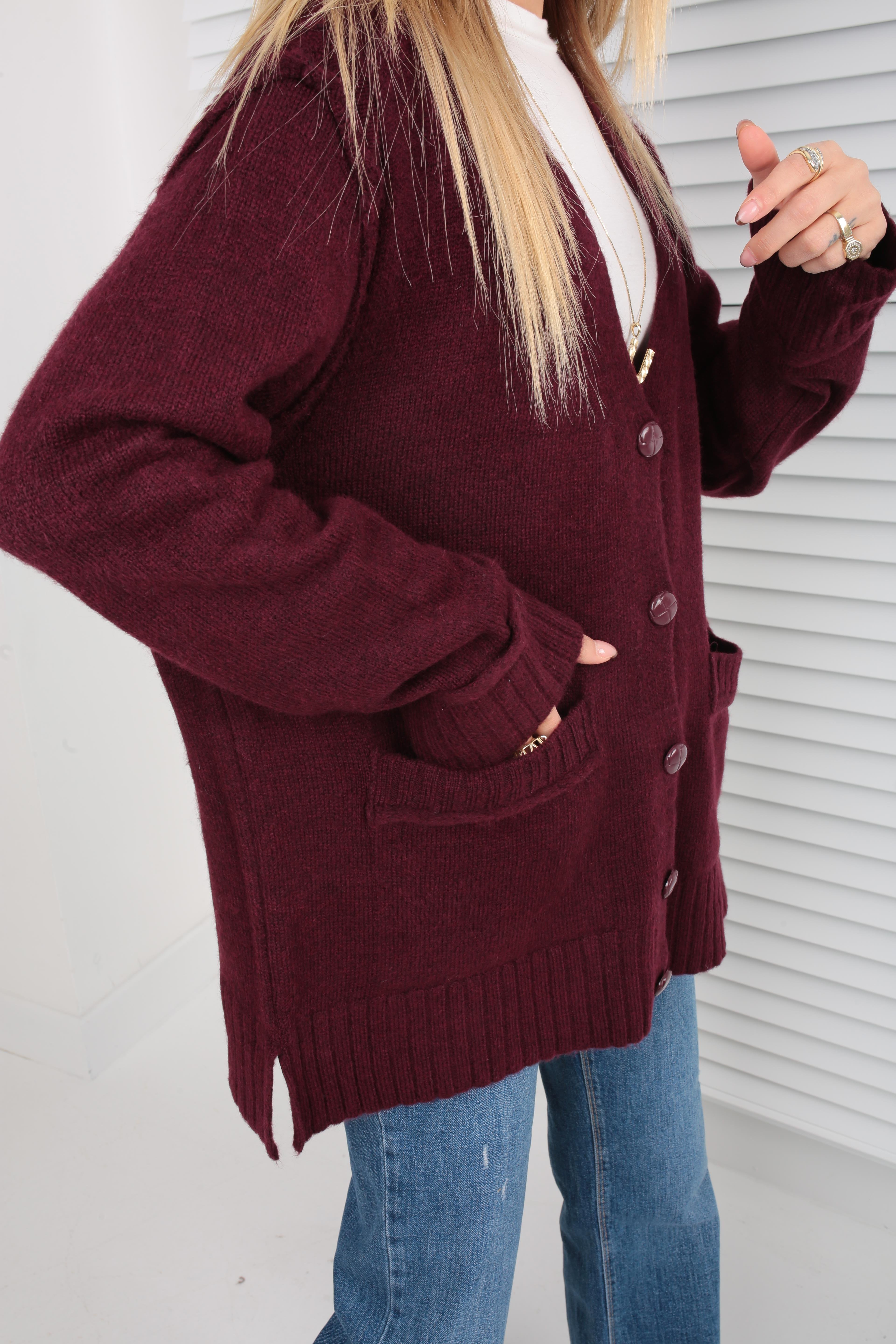 Düğme Detay Cepli Bordo Hırka HIRKA