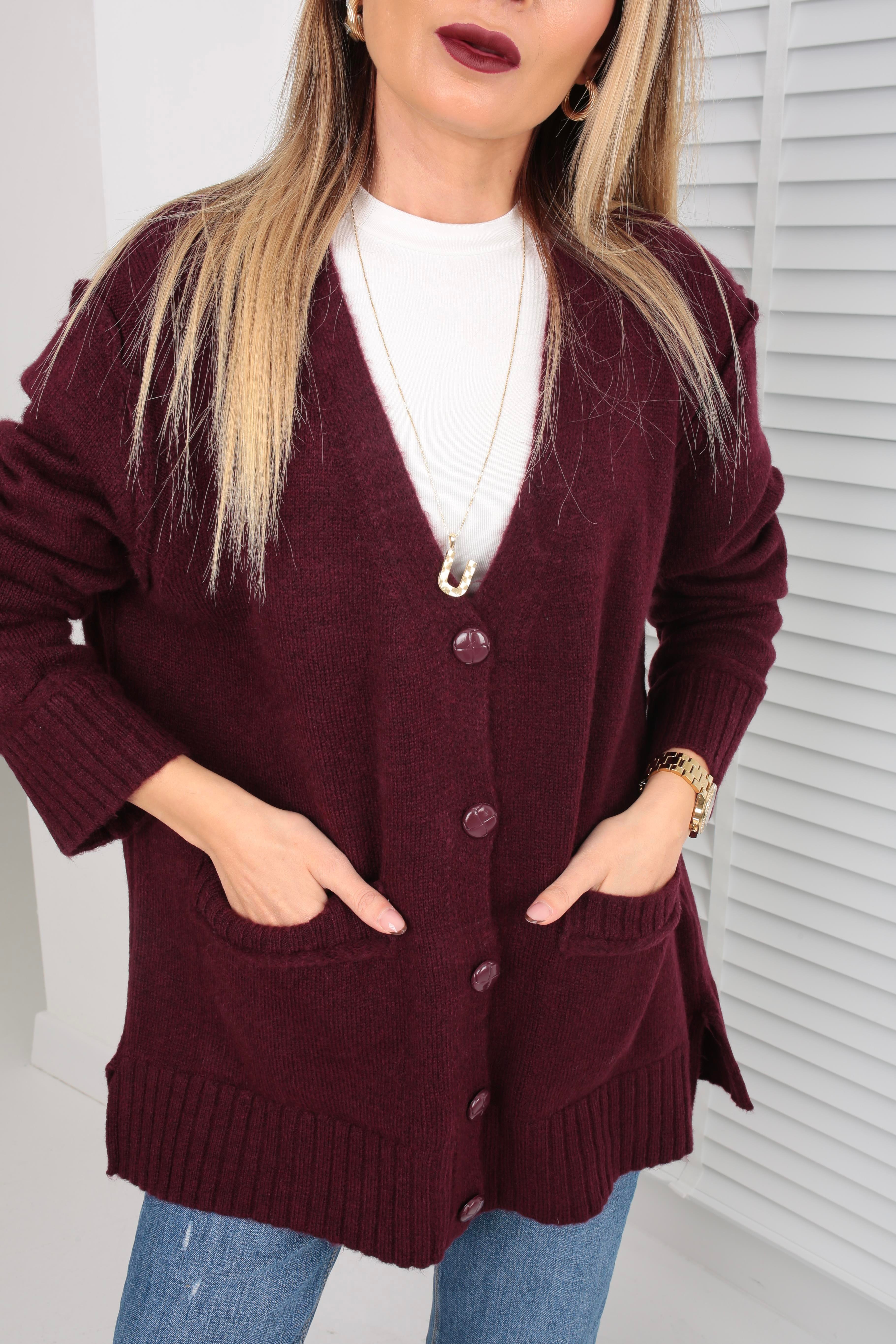 Düğme Detay Cepli Bordo Hırka HIRKA