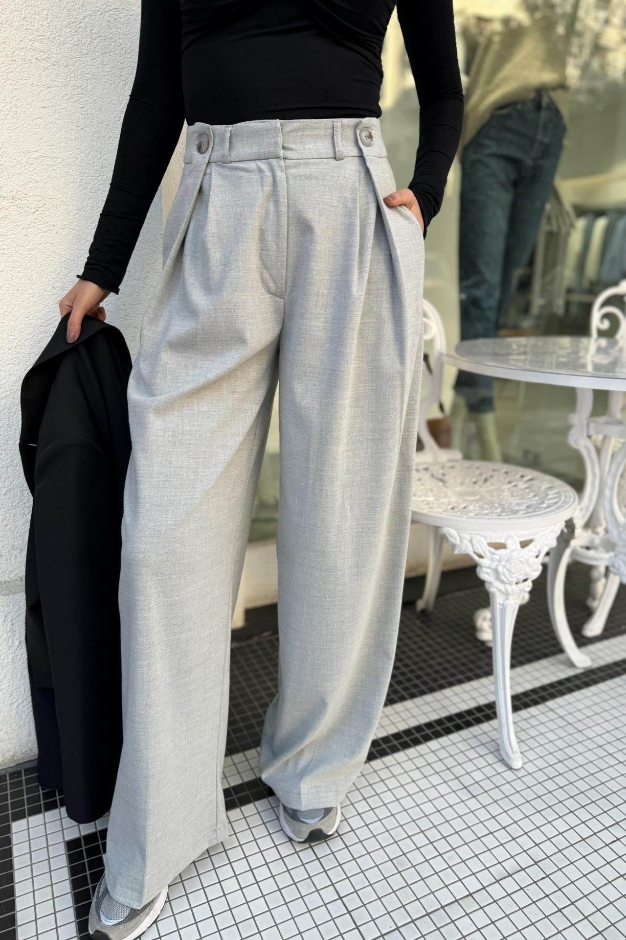 Düğmr Detay Gri  Palazzo Pantolon PANTOLON