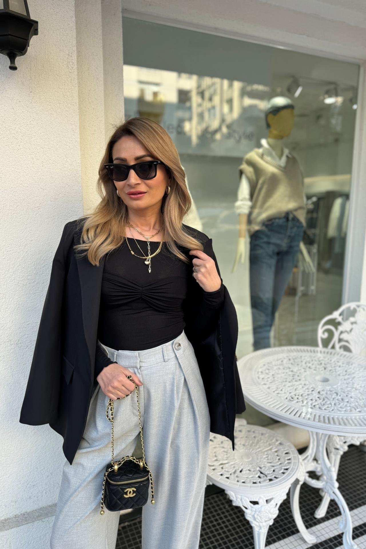 Düğmr Detay Gri  Palazzo Pantolon PANTOLON