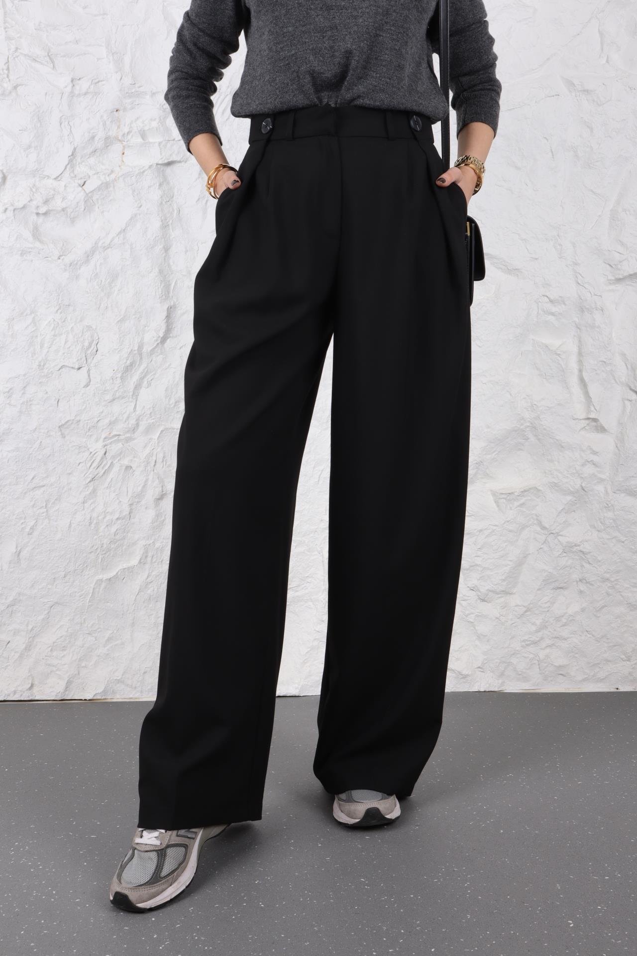 Düğmr Detay Siyah Palazzo Pantolon PANTOLON