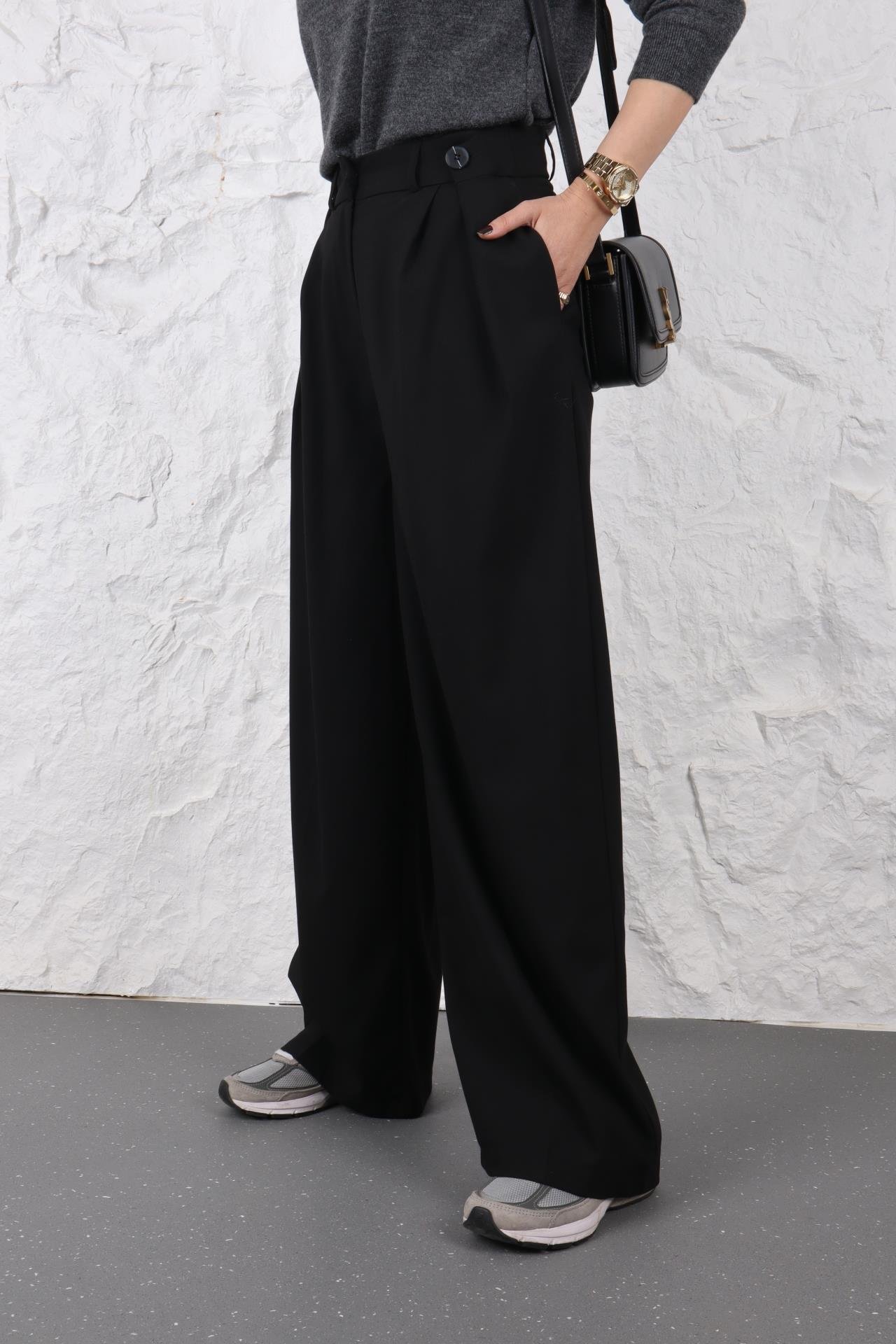 Düğmr Detay Siyah Palazzo Pantolon PANTOLON