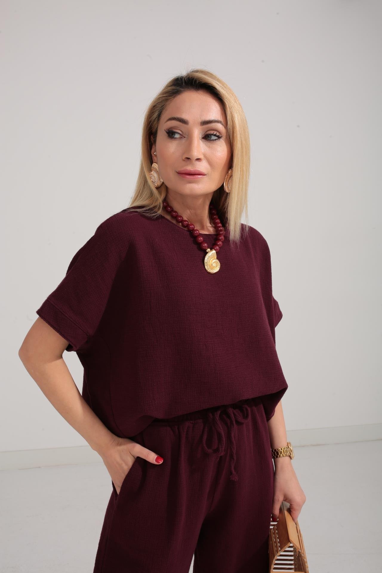Düşük Kol Bordo Örme Keten Takım TAKIM | NO33
