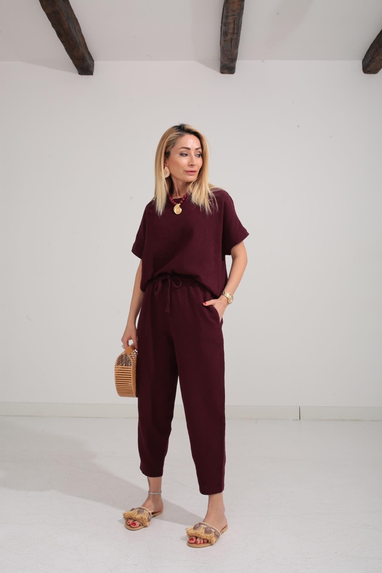 Düşük Kol Bordo Örme Keten Takım TAKIM | NO33