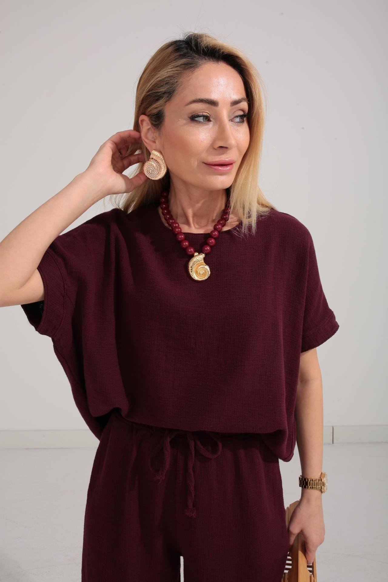 Düşük Kol Bordo Örme Keten Takım TAKIM | NO33