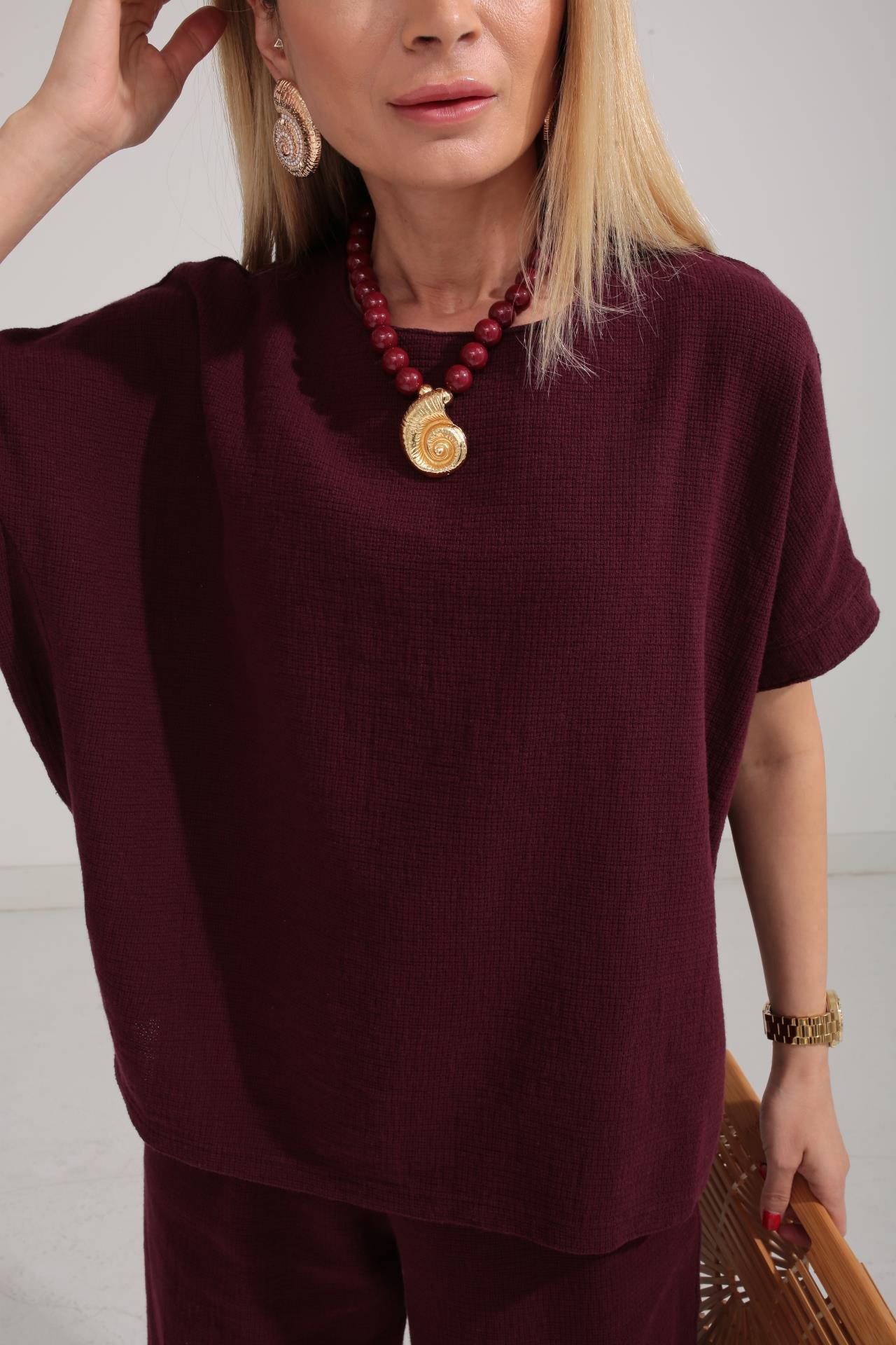 Düşük Kol Bordo Örme Keten Takım TAKIM | NO33