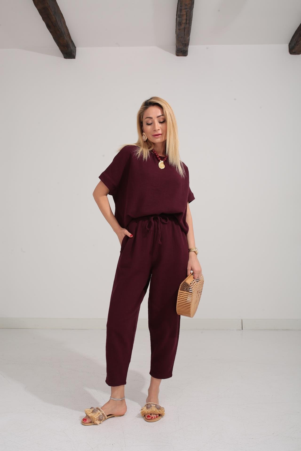 Düşük Kol Bordo Örme Keten Takım TAKIM | NO33