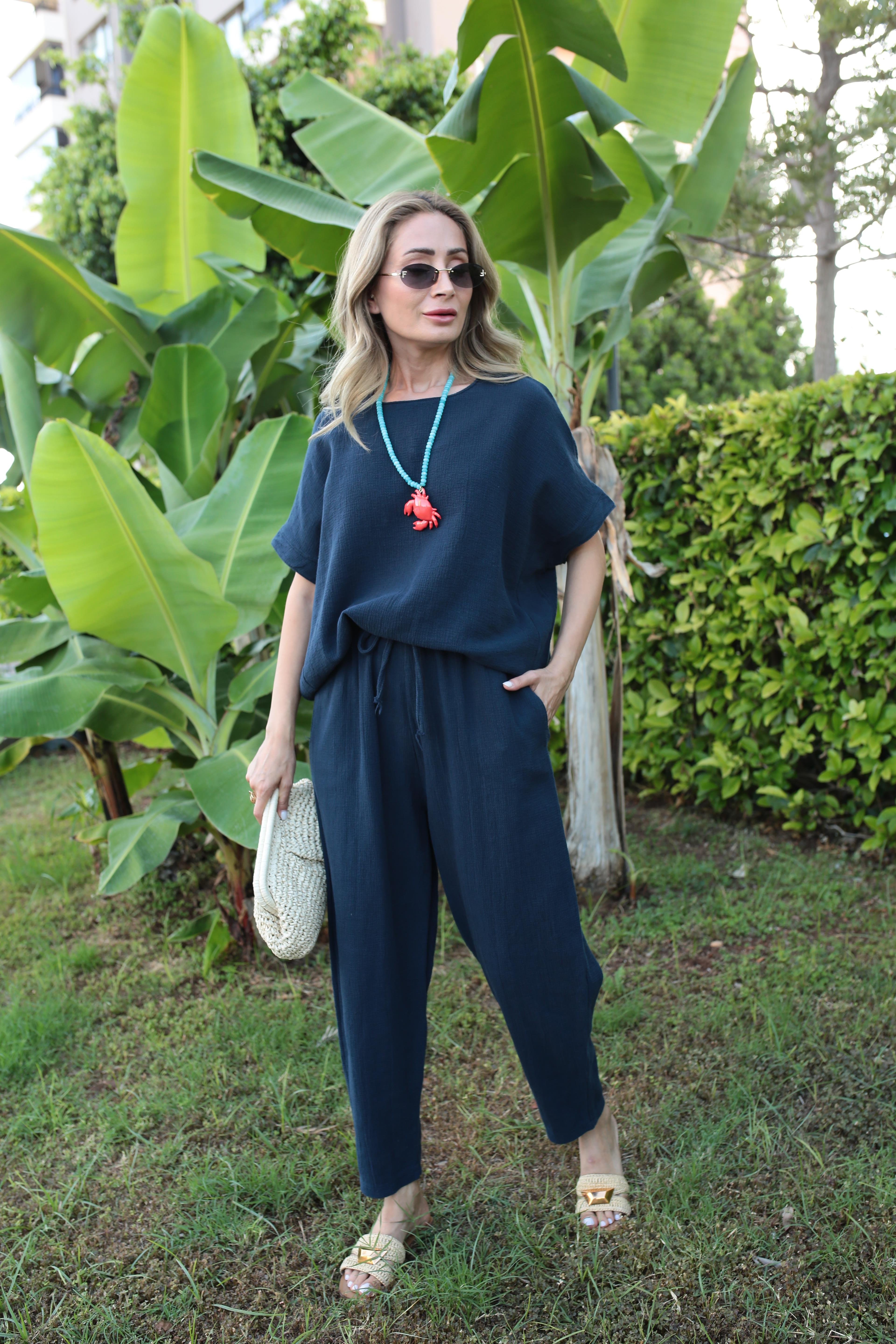 Düşük Kol Lacivert Örme Keten Takım TAKIM | NO33