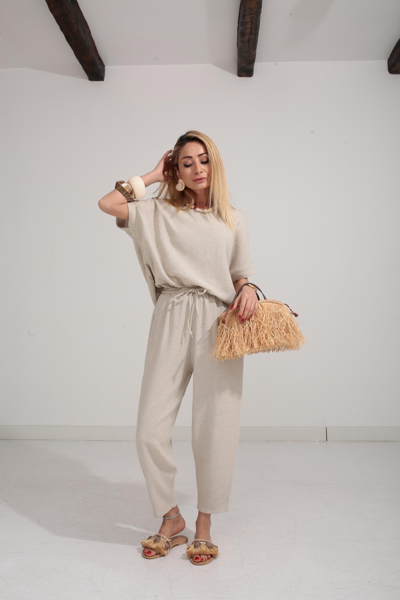 Düşük Kol Naturel Örme Keten Takım TAKIM | NO33