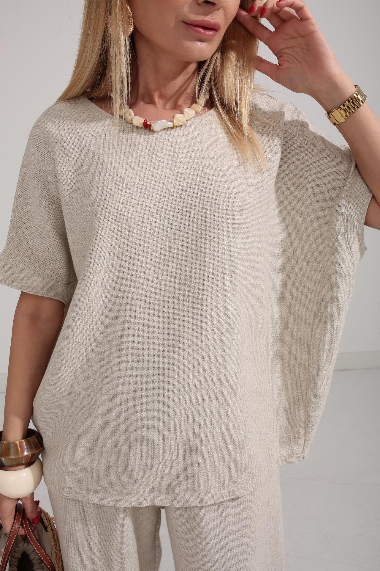 Düşük Kol Naturel Örme Keten Takım TAKIM | NO33