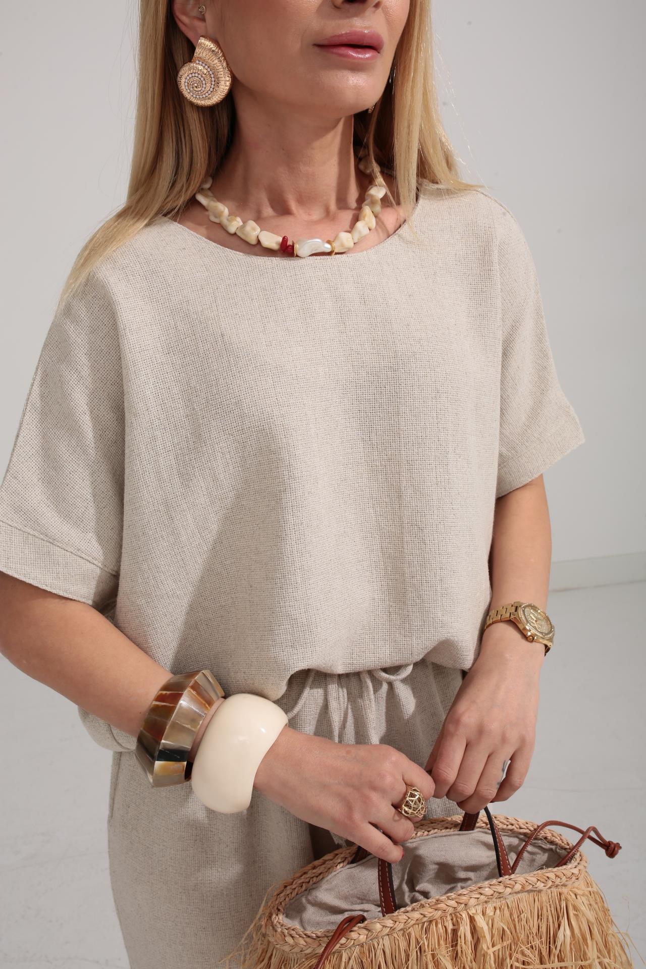 Düşük Kol Naturel Örme Keten Takım TAKIM | NO33
