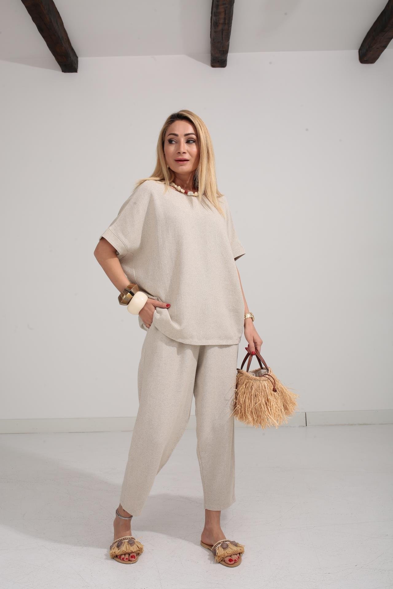 Düşük Kol Naturel Örme Keten Takım TAKIM | NO33