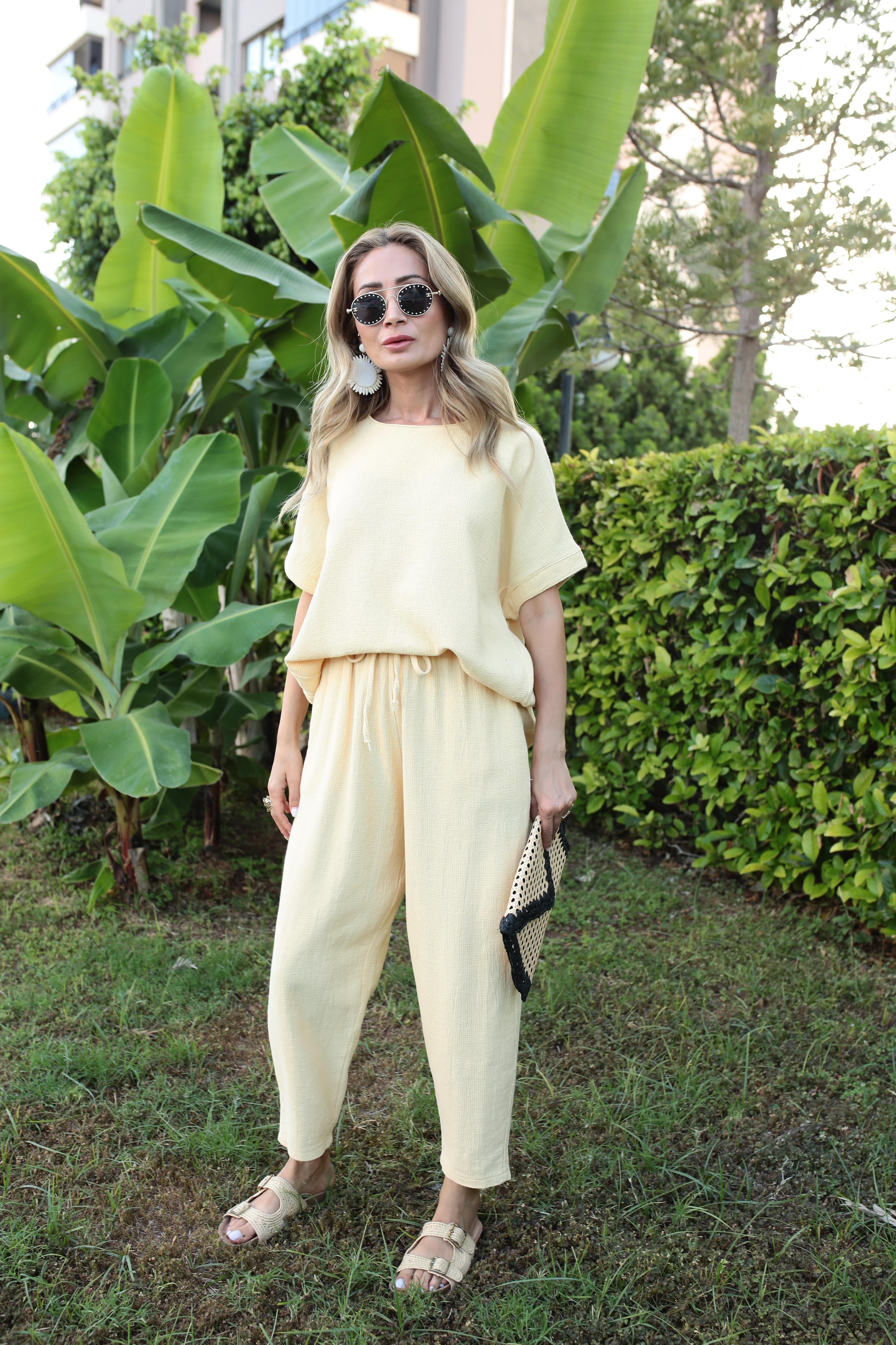 Düşük Kol Sarı Örme Keten Takım TAKIM | NO33