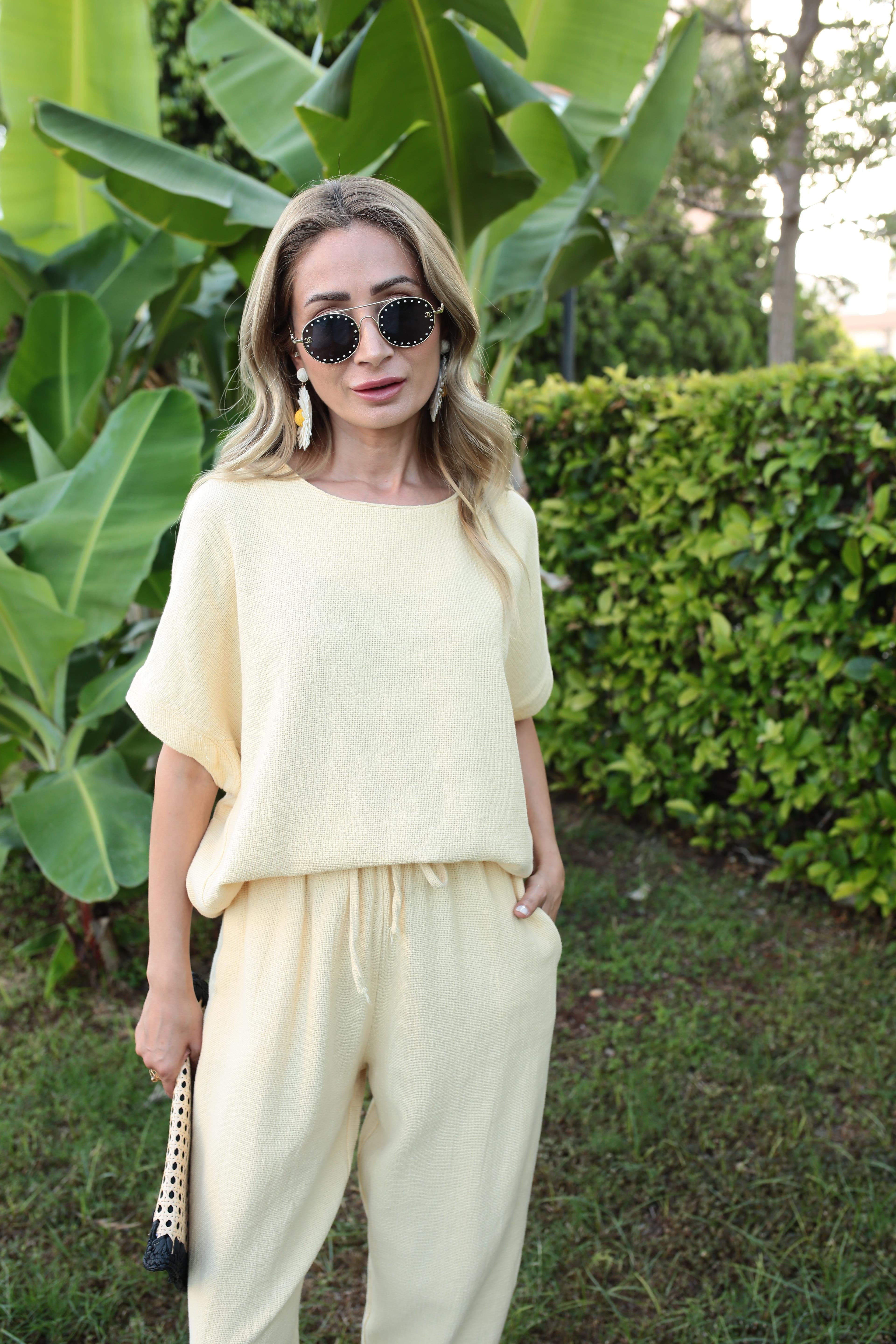 Düşük Kol Sarı Örme Keten Takım TAKIM | NO33