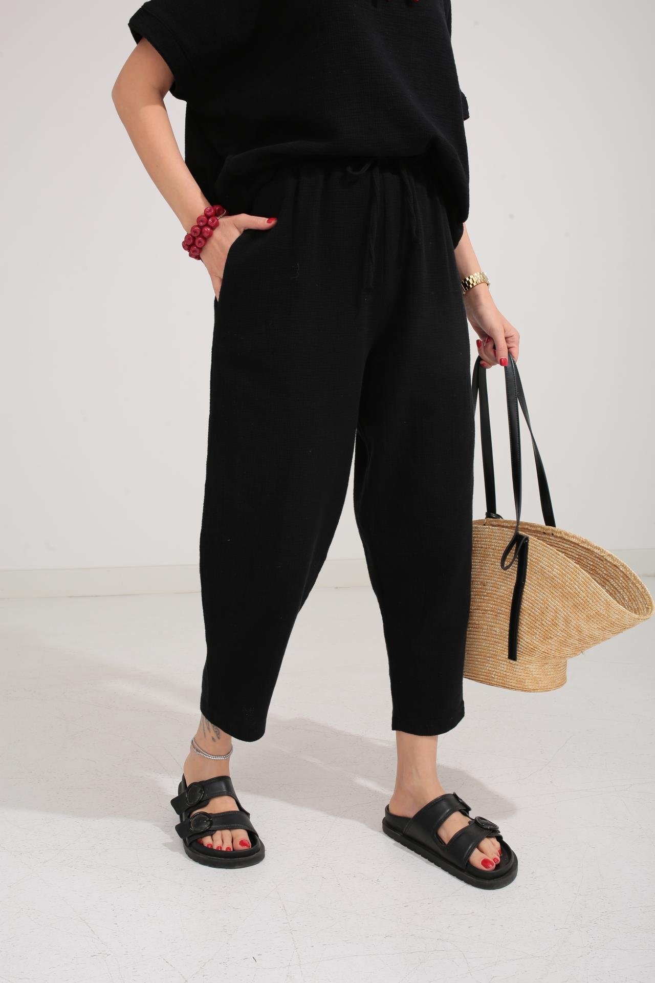 Düşük Kol Siyah Örme Keten Takım TAKIM | NO33