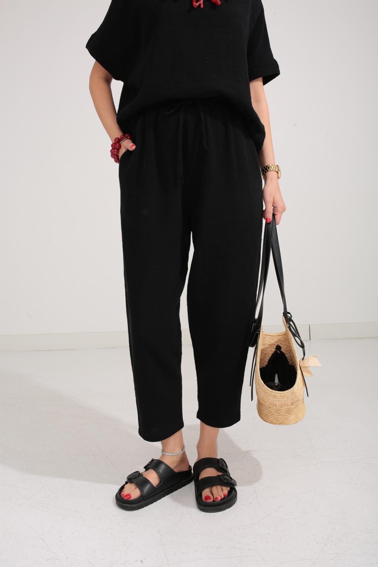 Düşük Kol Siyah Örme Keten Takım TAKIM | NO33