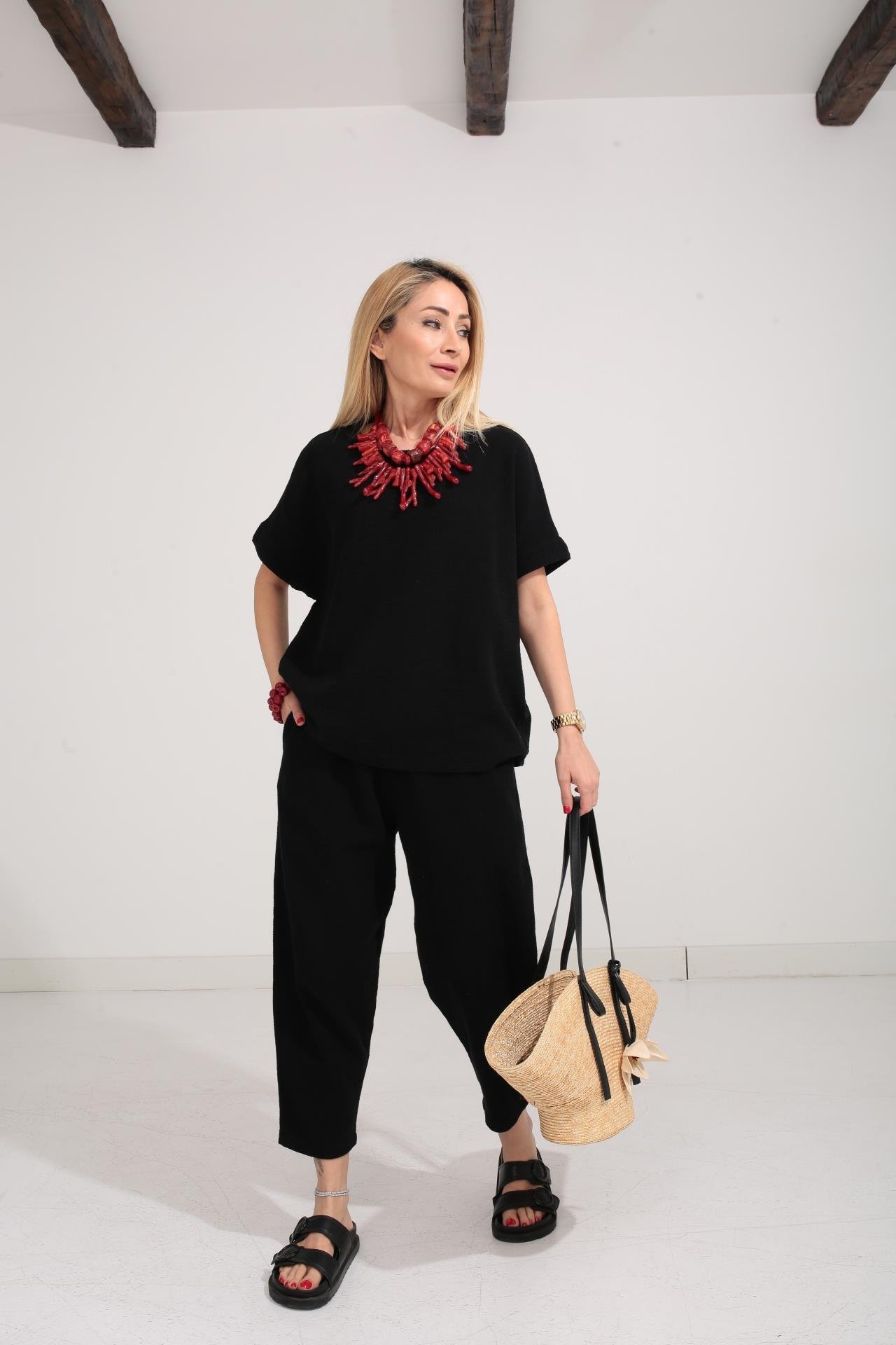 Düşük Kol Siyah Örme Keten Takım TAKIM | NO33