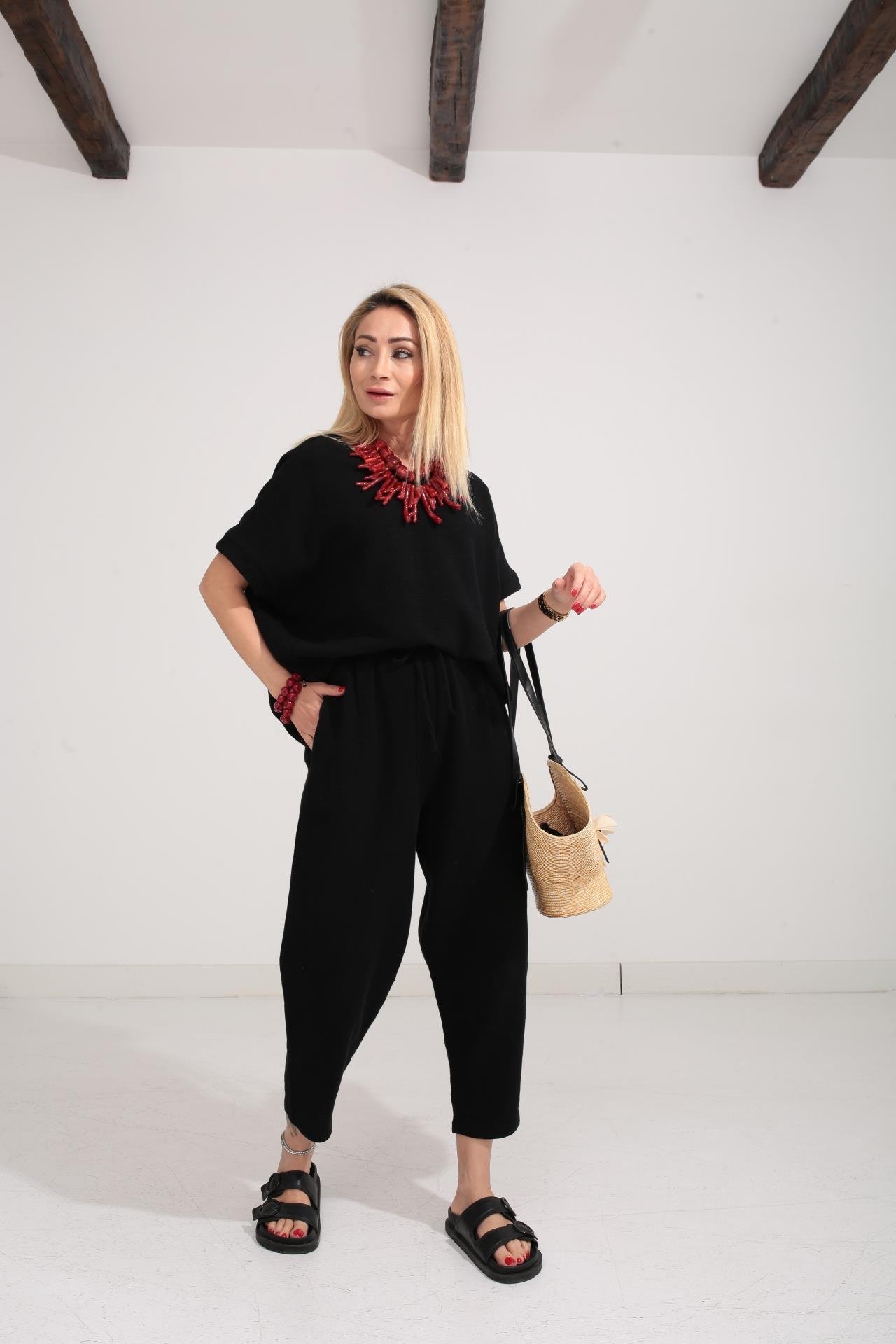 Düşük Kol Siyah Örme Keten Takım TAKIM | NO33