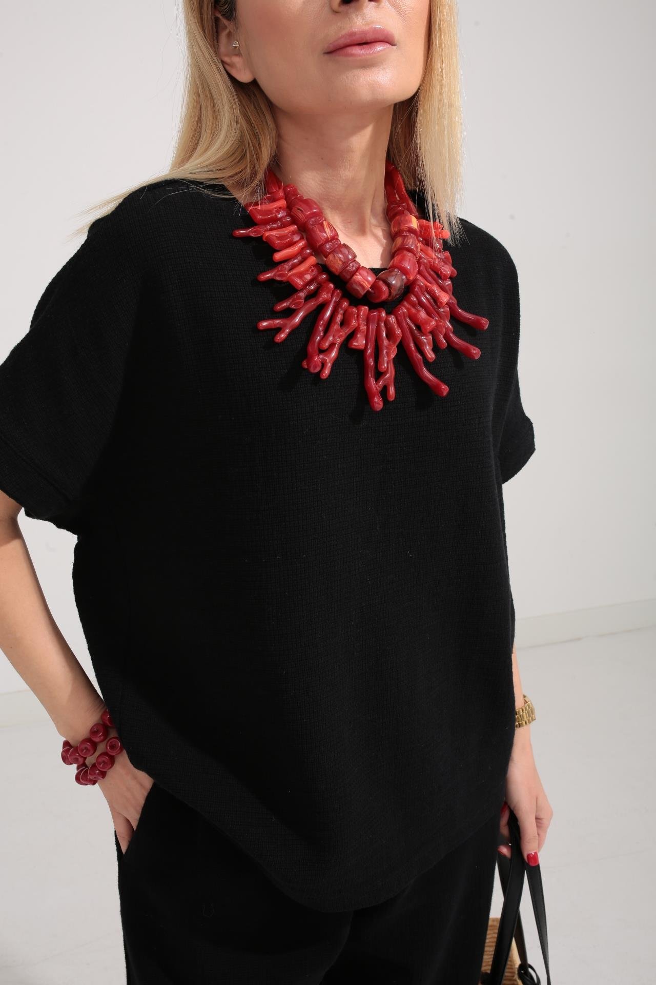 Düşük Kol Siyah Örme Keten Takım TAKIM | NO33