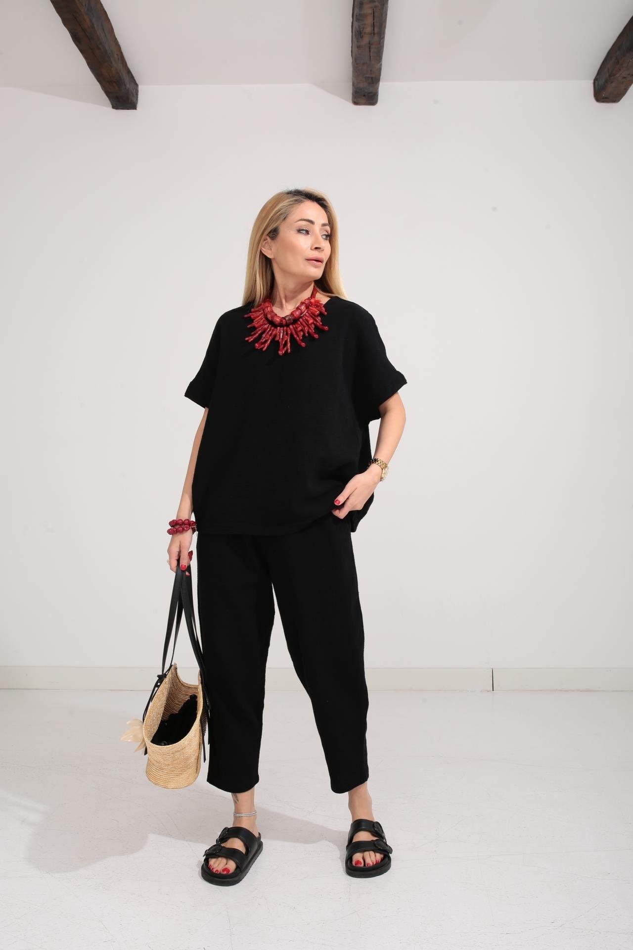 Düşük Kol Siyah Örme Keten Takım TAKIM | NO33