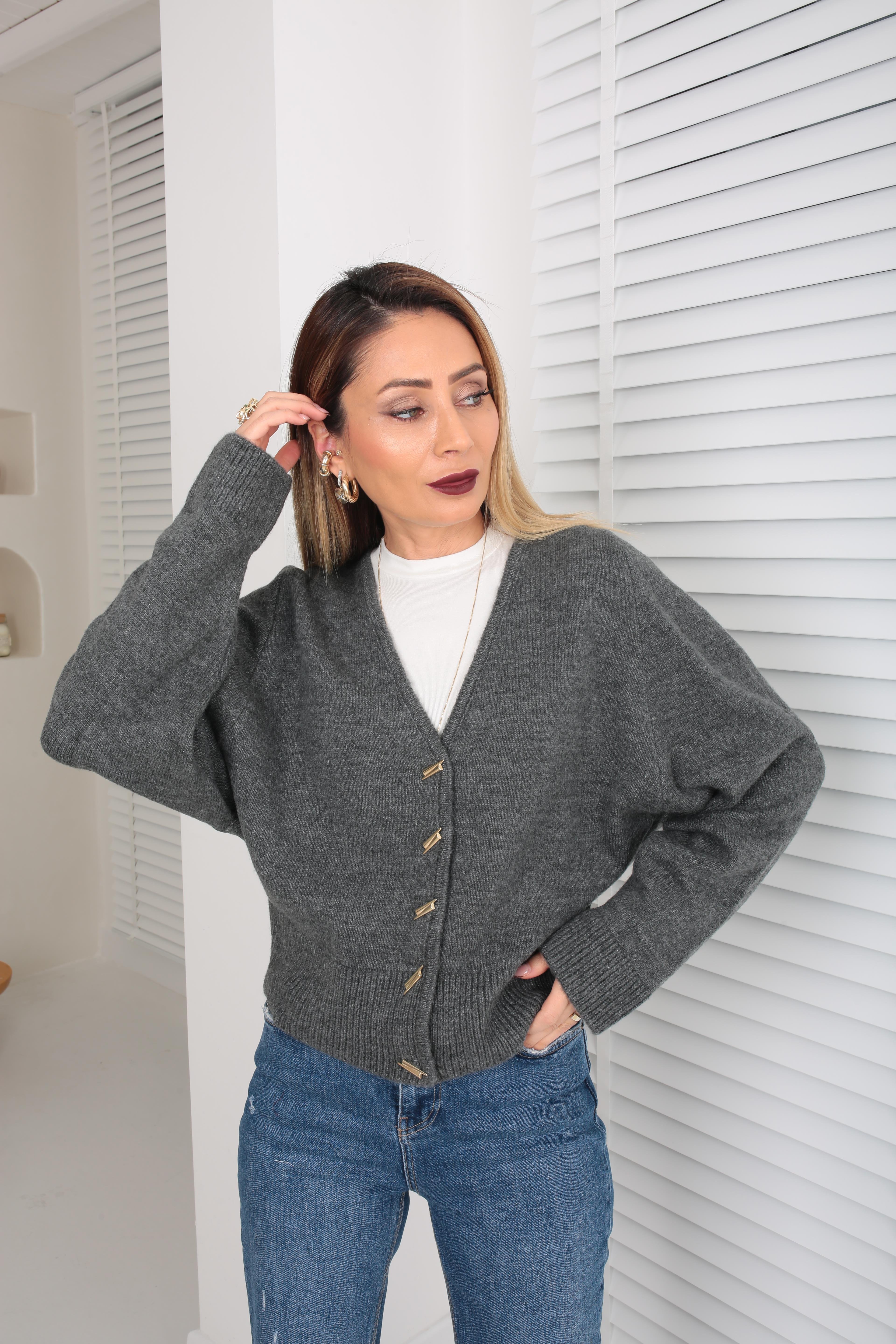 Düşük Omuz Düğme Detay Antrasit Hırka HIRKA