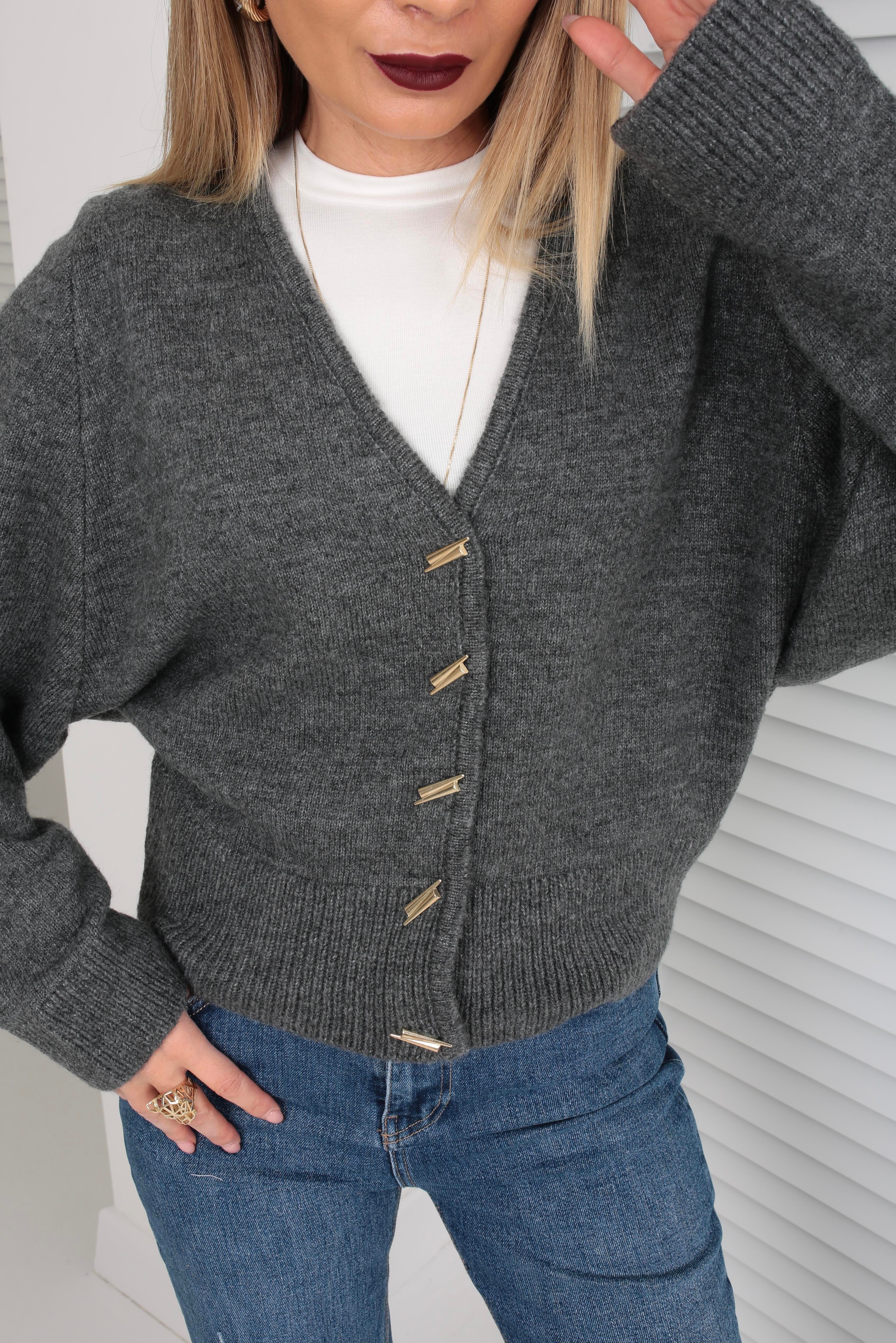 Düşük Omuz Düğme Detay Antrasit Hırka HIRKA