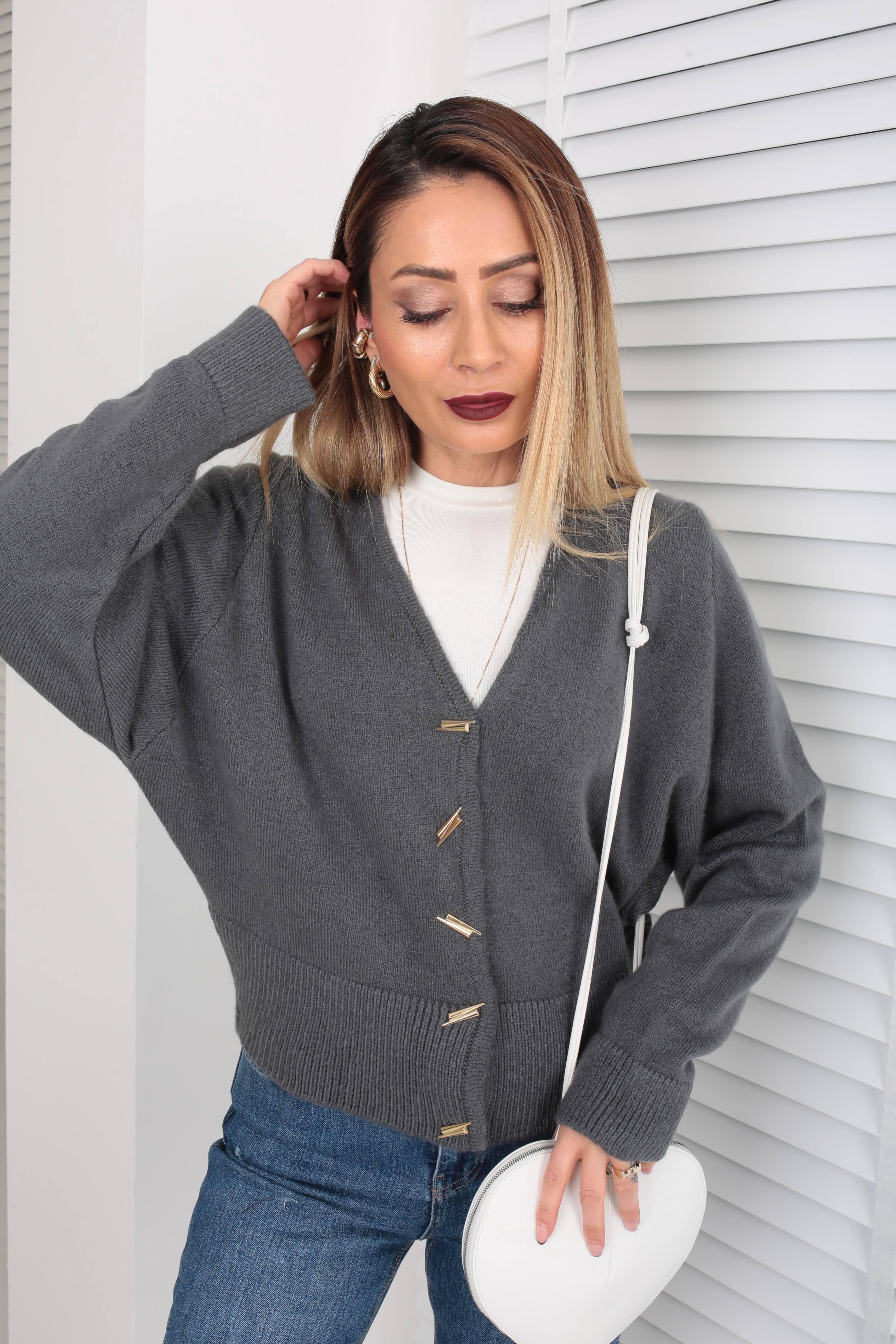 Düşük Omuz Düğme Detay Füme Hırka HIRKA