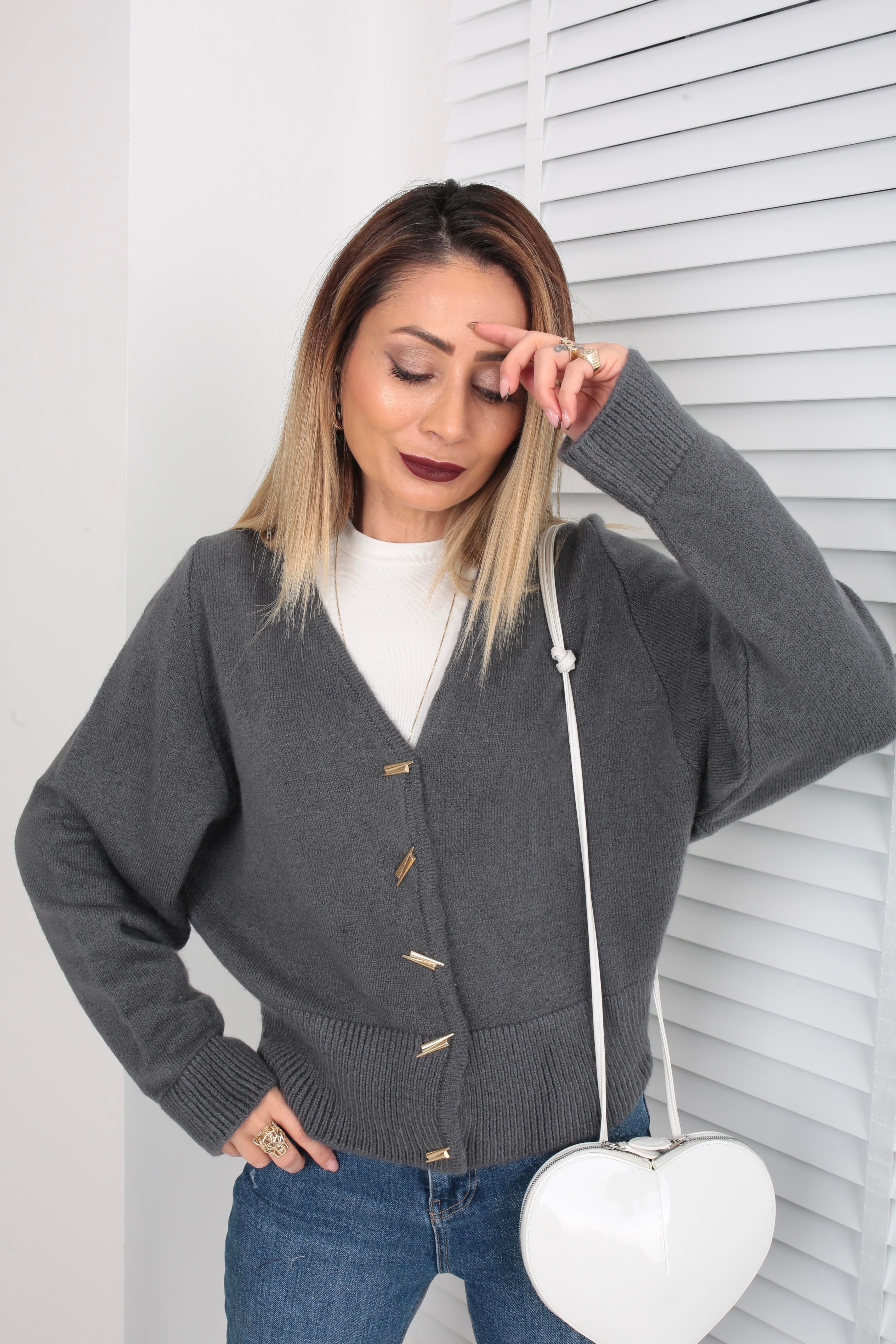 Düşük Omuz Düğme Detay Füme Hırka HIRKA