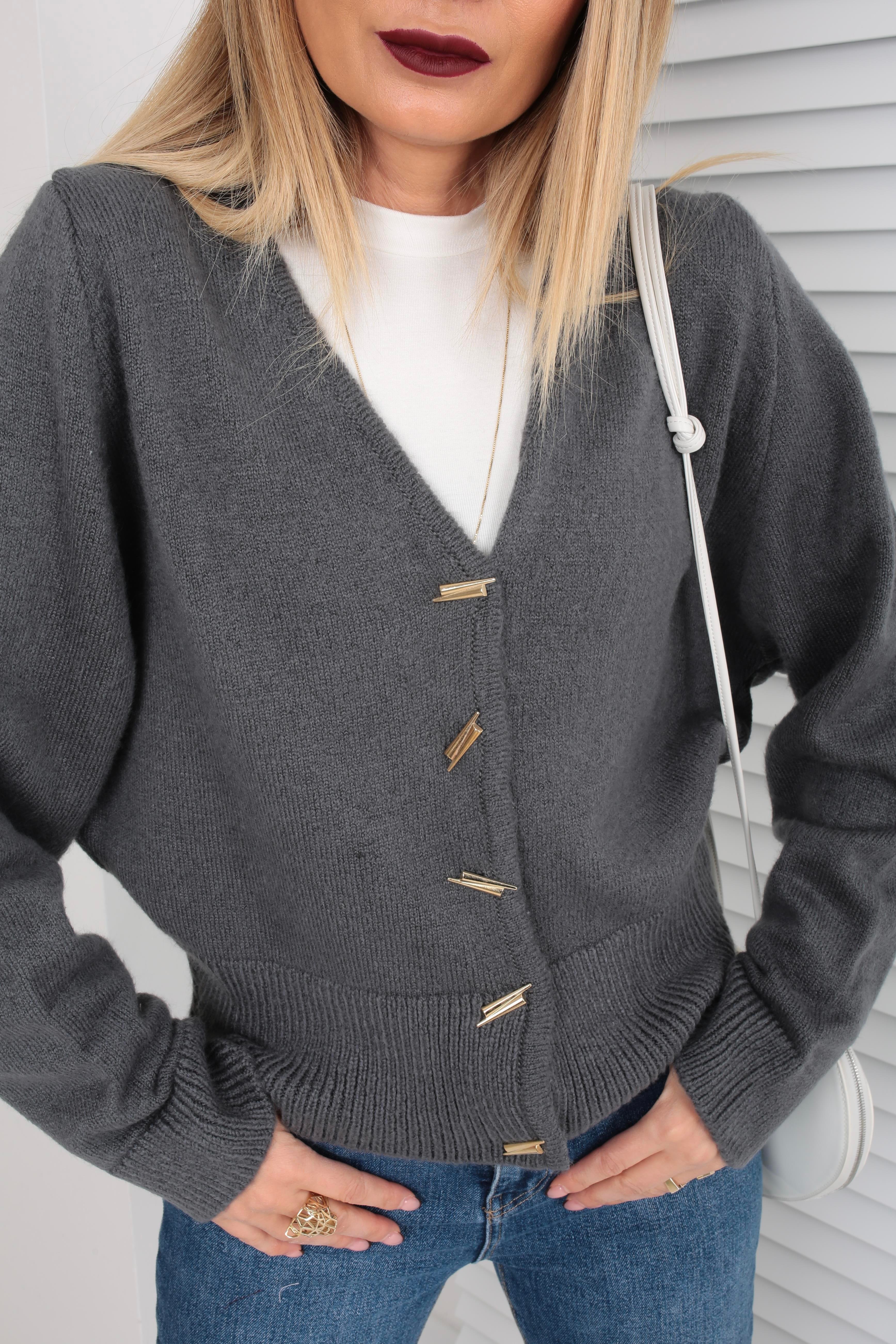 Düşük Omuz Düğme Detay Füme Hırka HIRKA