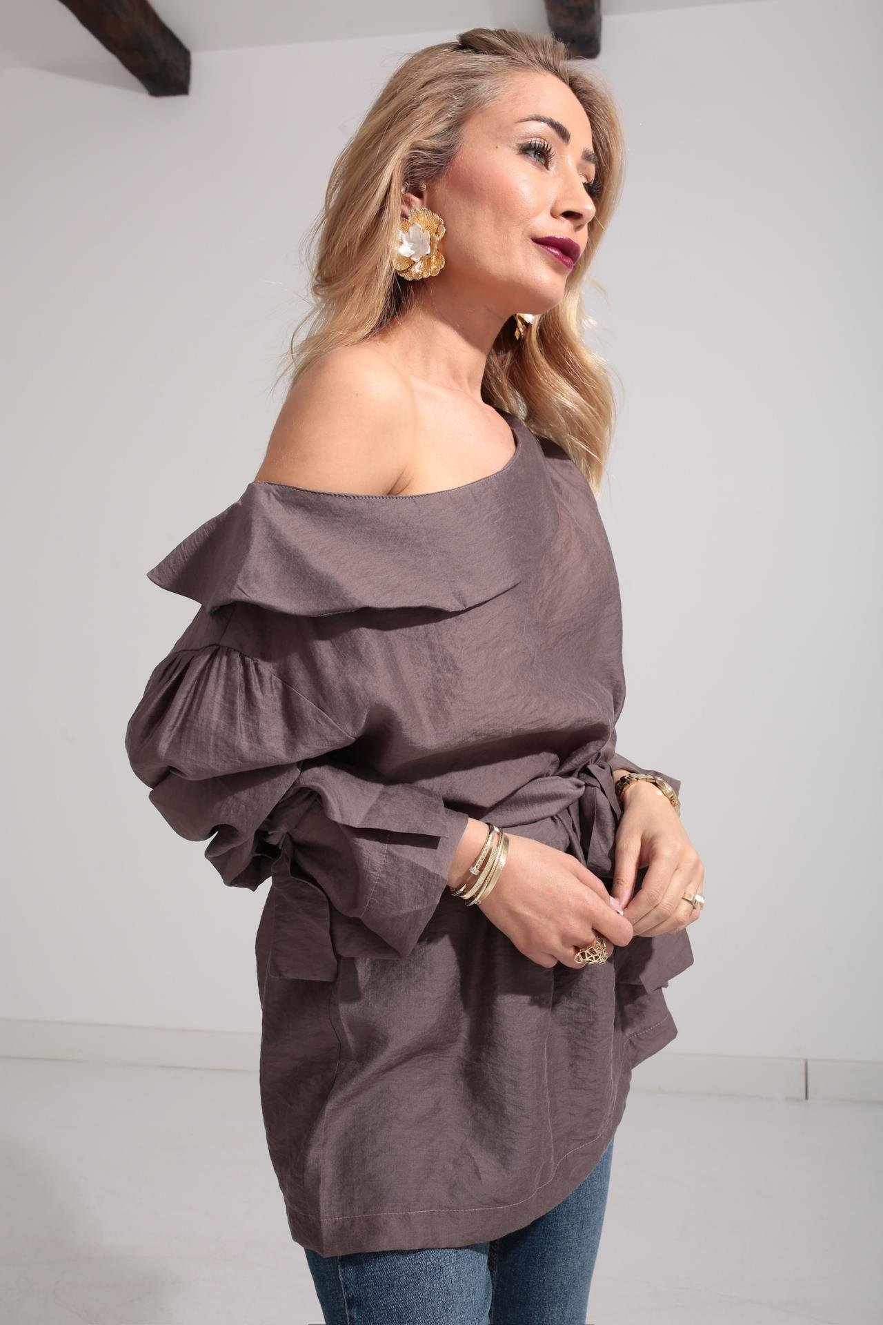 Düşük Omuz Kahve Bluz BLUZ