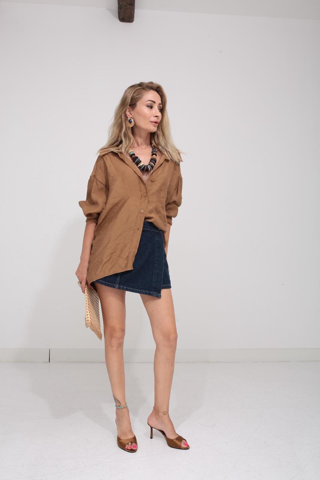 Düşük Omuz Oversize Kahve  Gömlek GÖMLEK | NO33